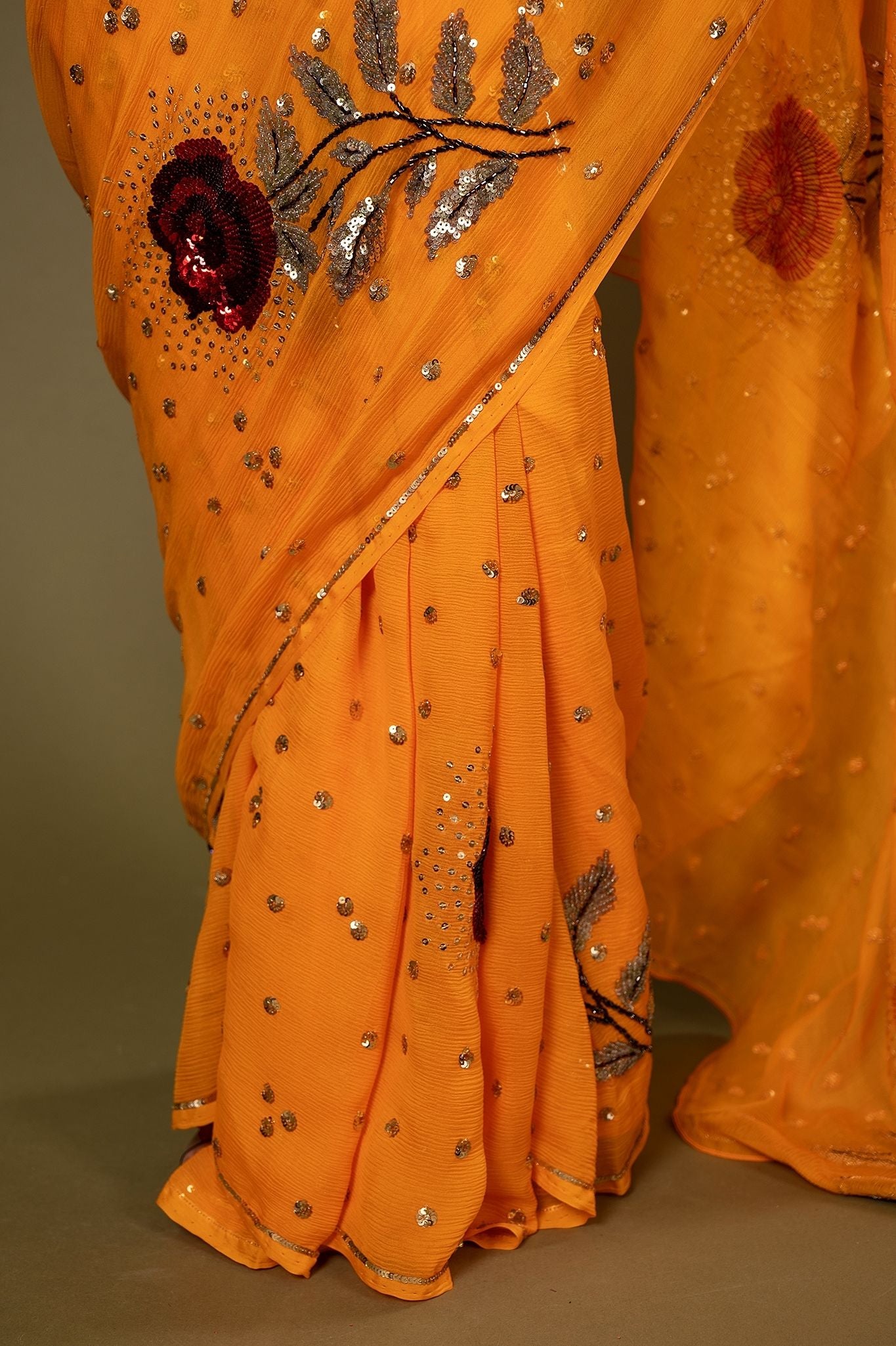 Mustard pure chiffon Sequins kardana motif handwork saree