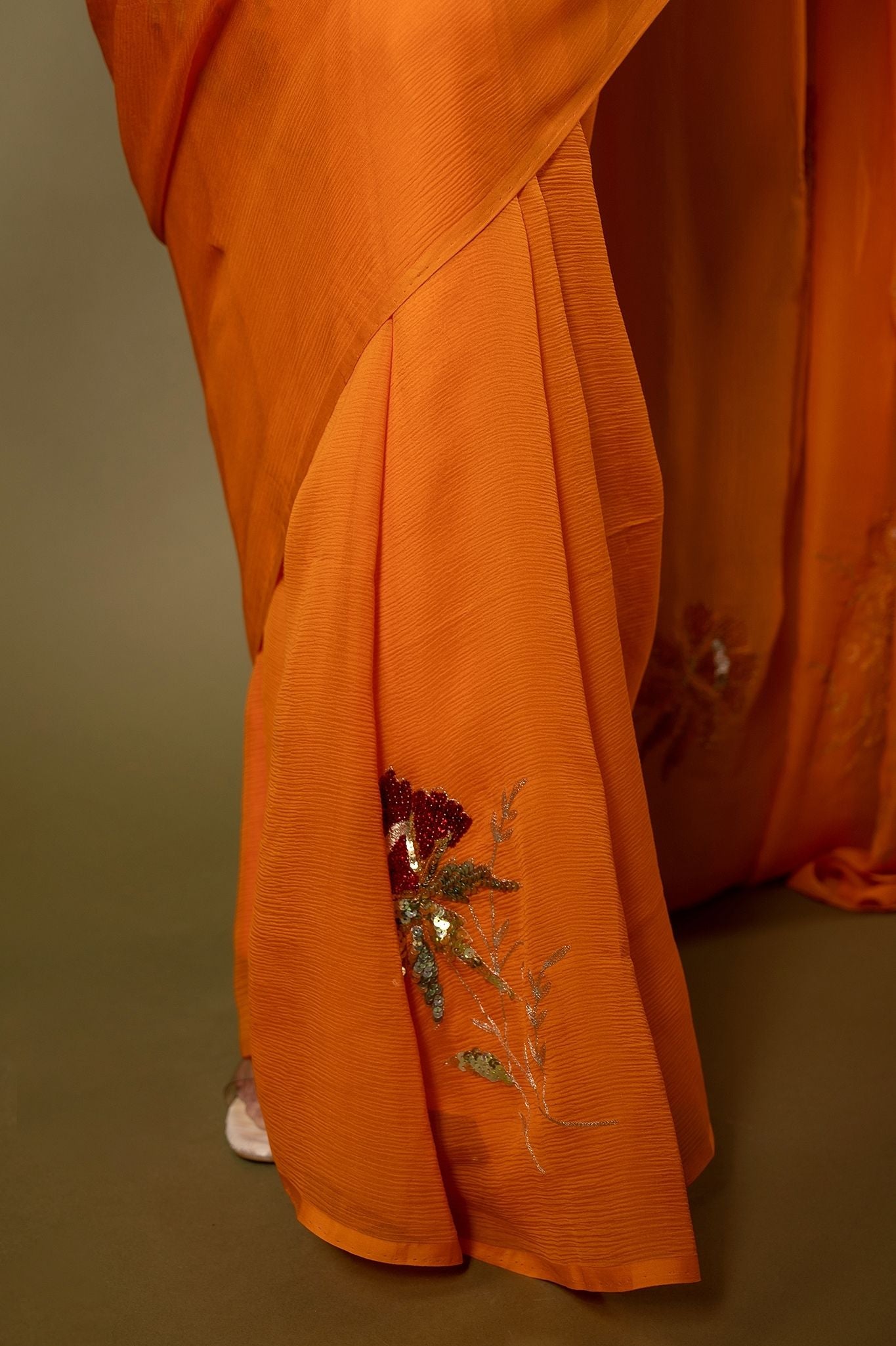 Kesariya yellow Pure Chiffon Aari sequins  Motif Handwork Saree