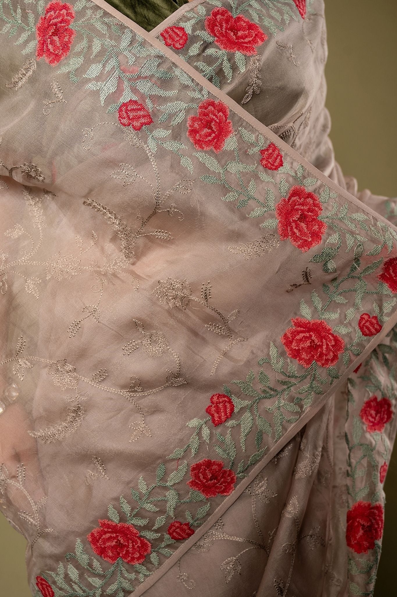 Grey Organza  resham border jaal handwork saree