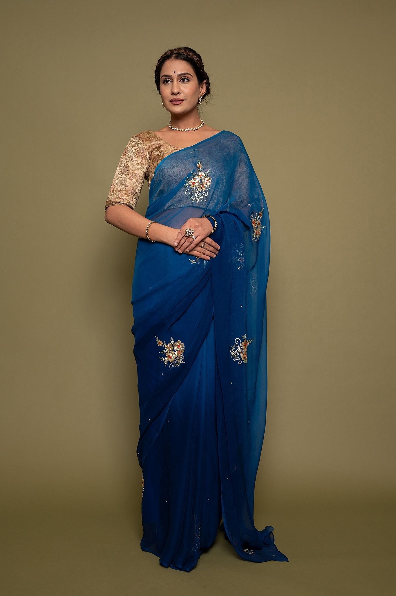 blue viscose chiffon aari sequns handwork saree