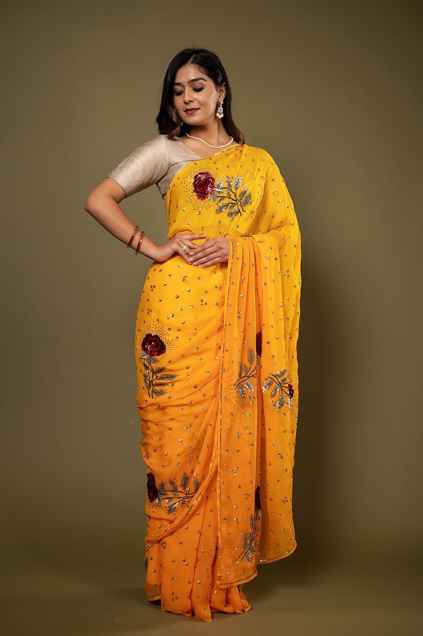 Mustard pure chiffon Sequins kardana motif handwork saree