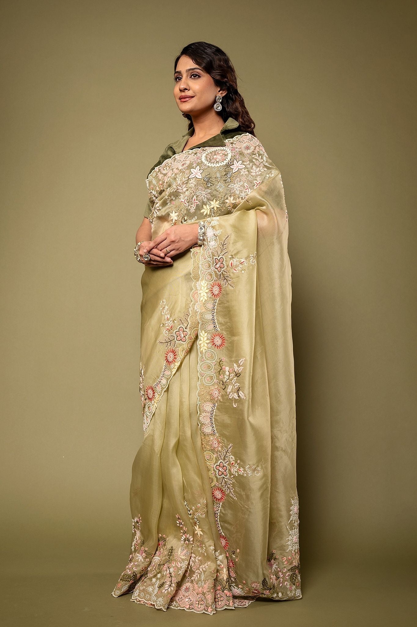 Mint Organza  Resham Zardozi border butti handwork saree