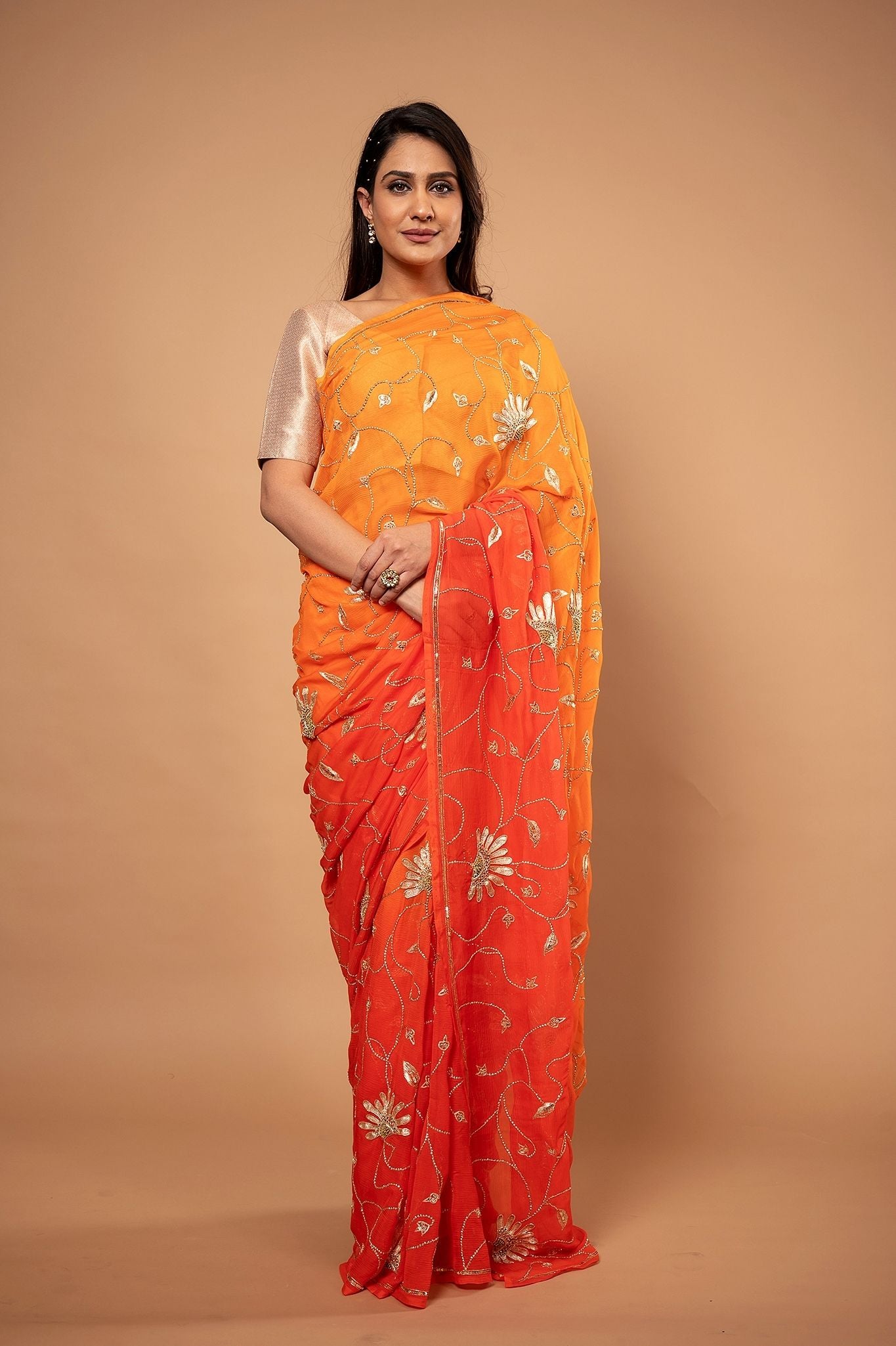 Orange light dark pure chiffon sequins jaal handwork saree
