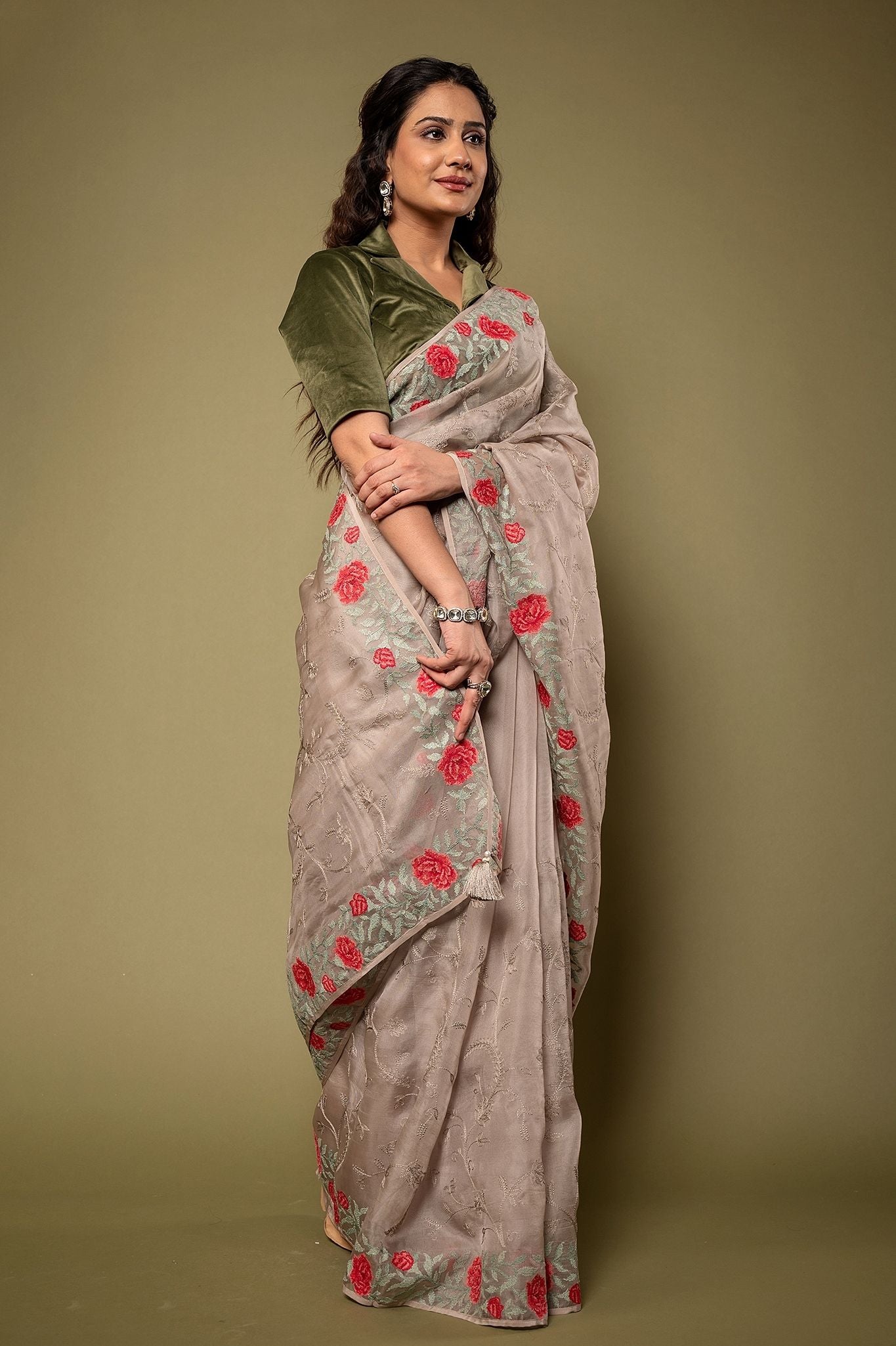 Grey Organza  resham border jaal handwork saree