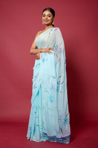 Blue Handpainted Viscose Chiffon Saree