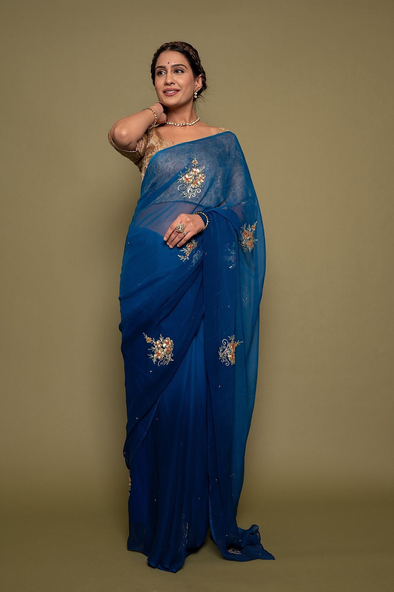 blue viscose chiffon aari sequns handwork saree