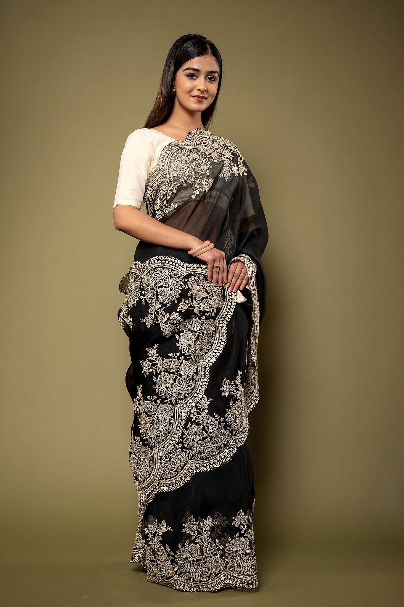 Black Organza  dabka marodi border butti handwork saree