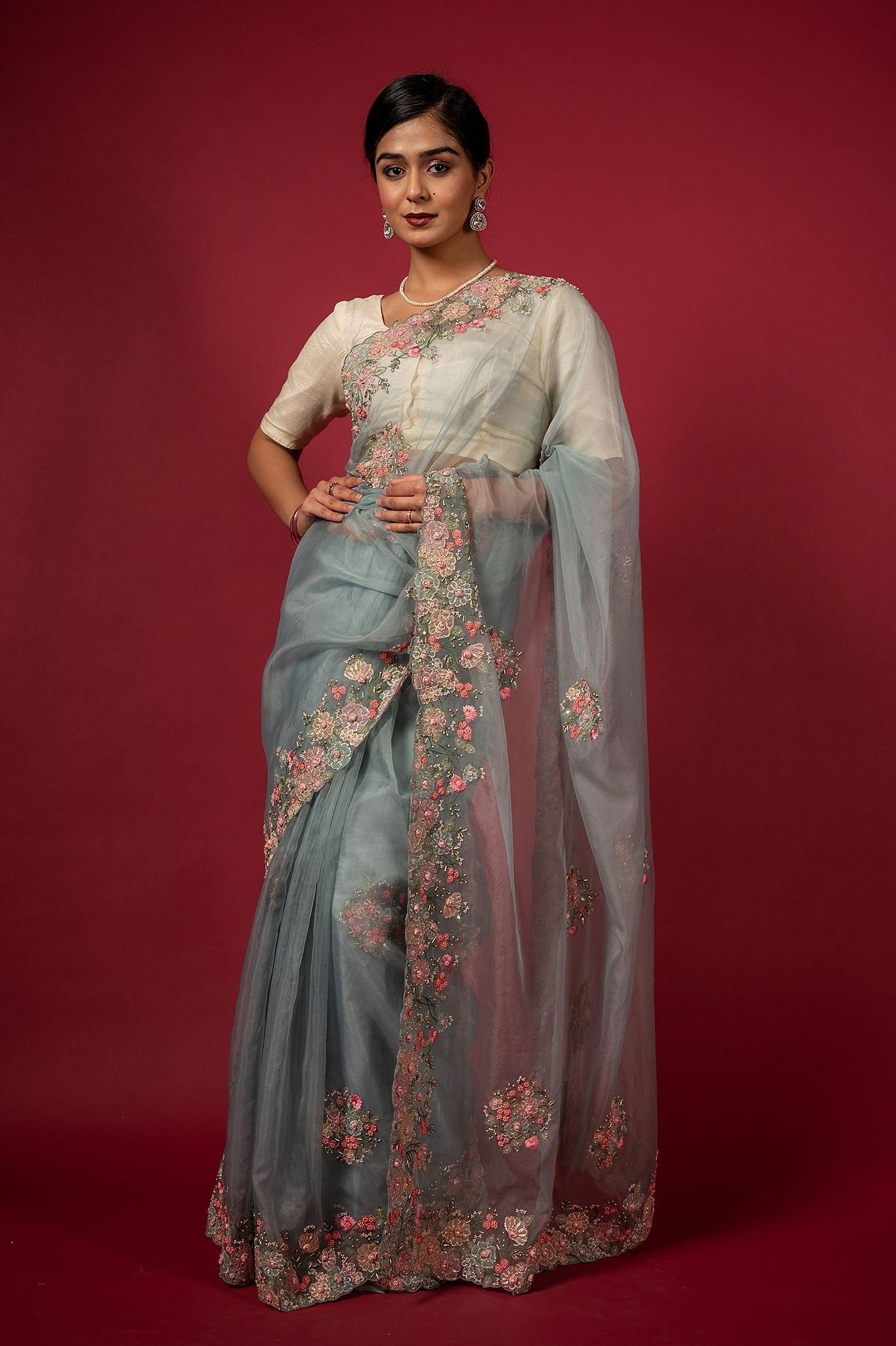 Grey organza  fancy work handwork saree