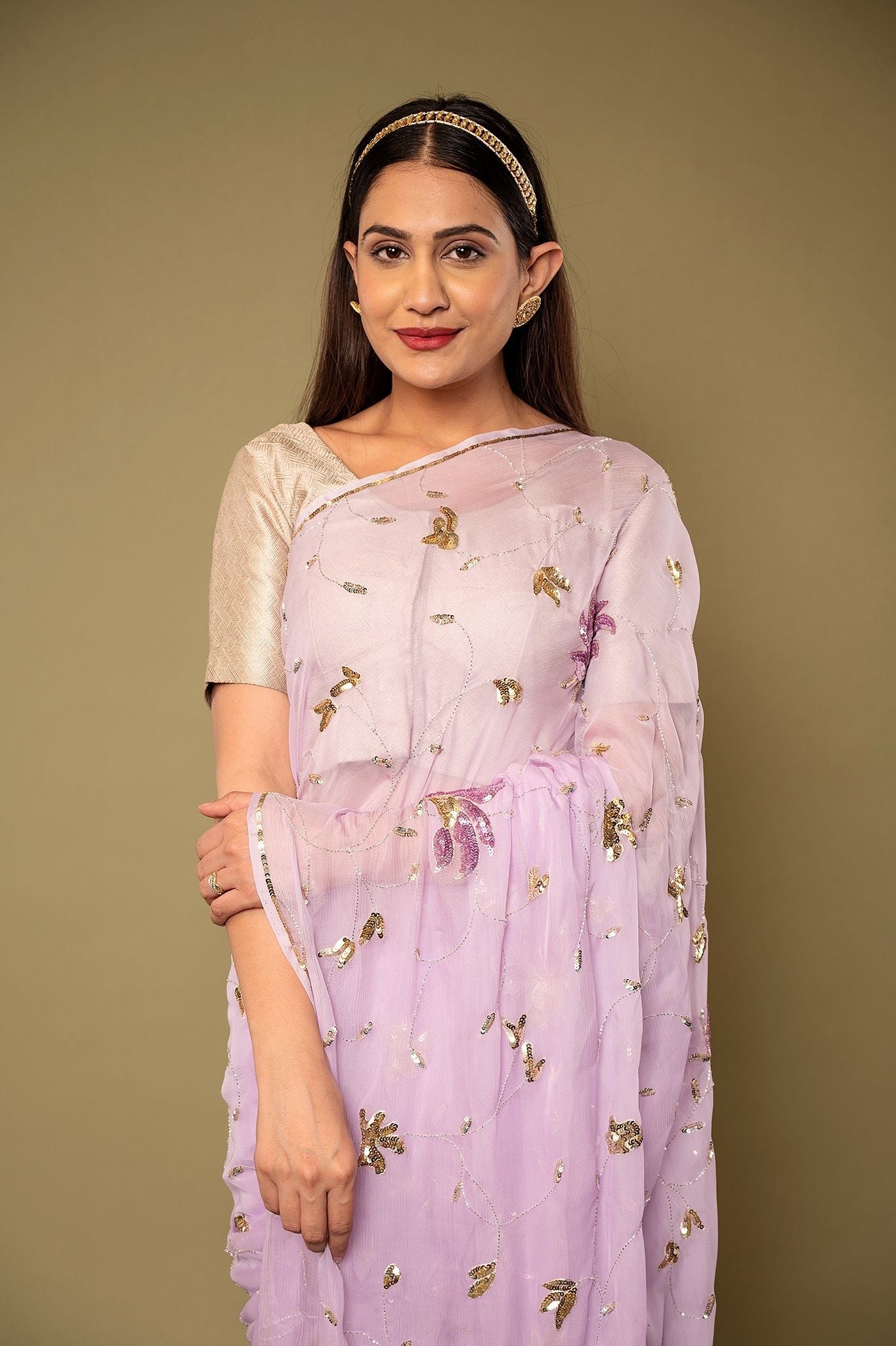 Lavender pure chiffon sequins kardana jaal handwork saree