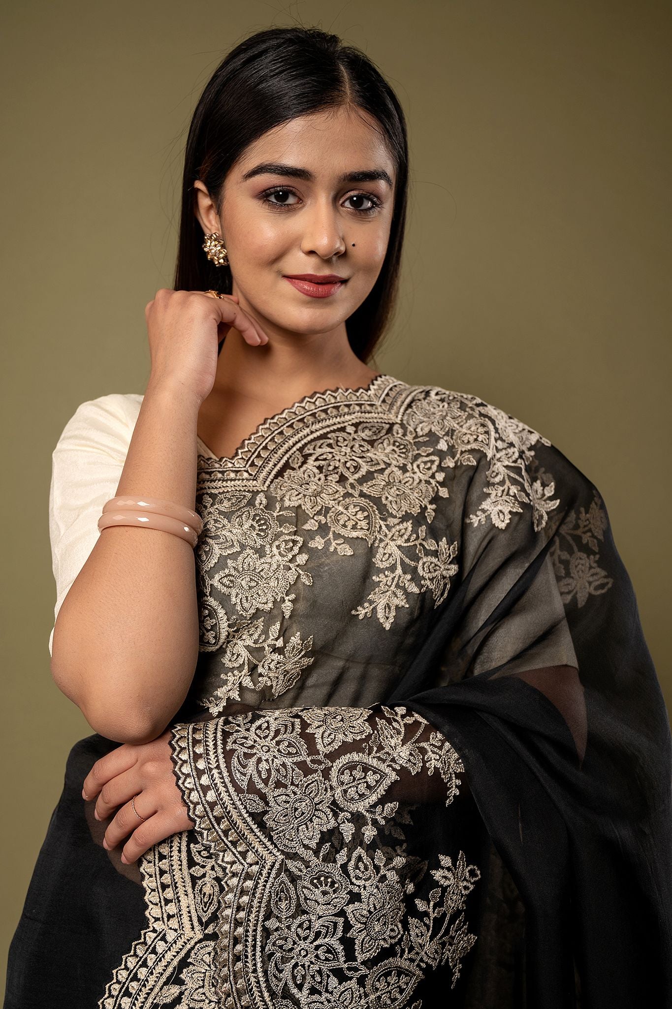 Black Organza  dabka marodi border butti handwork saree