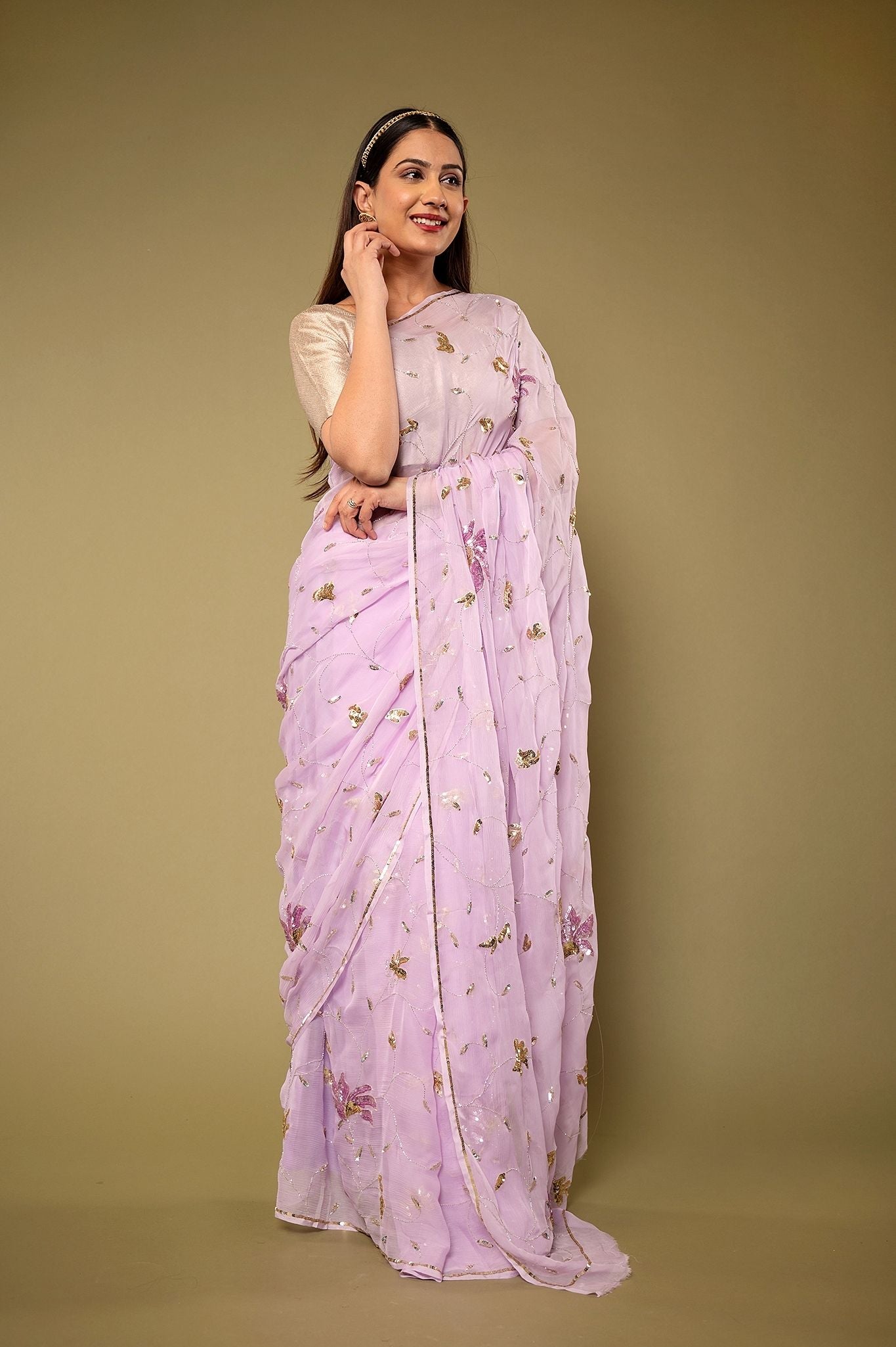 Lavender pure chiffon sequins kardana jaal handwork saree