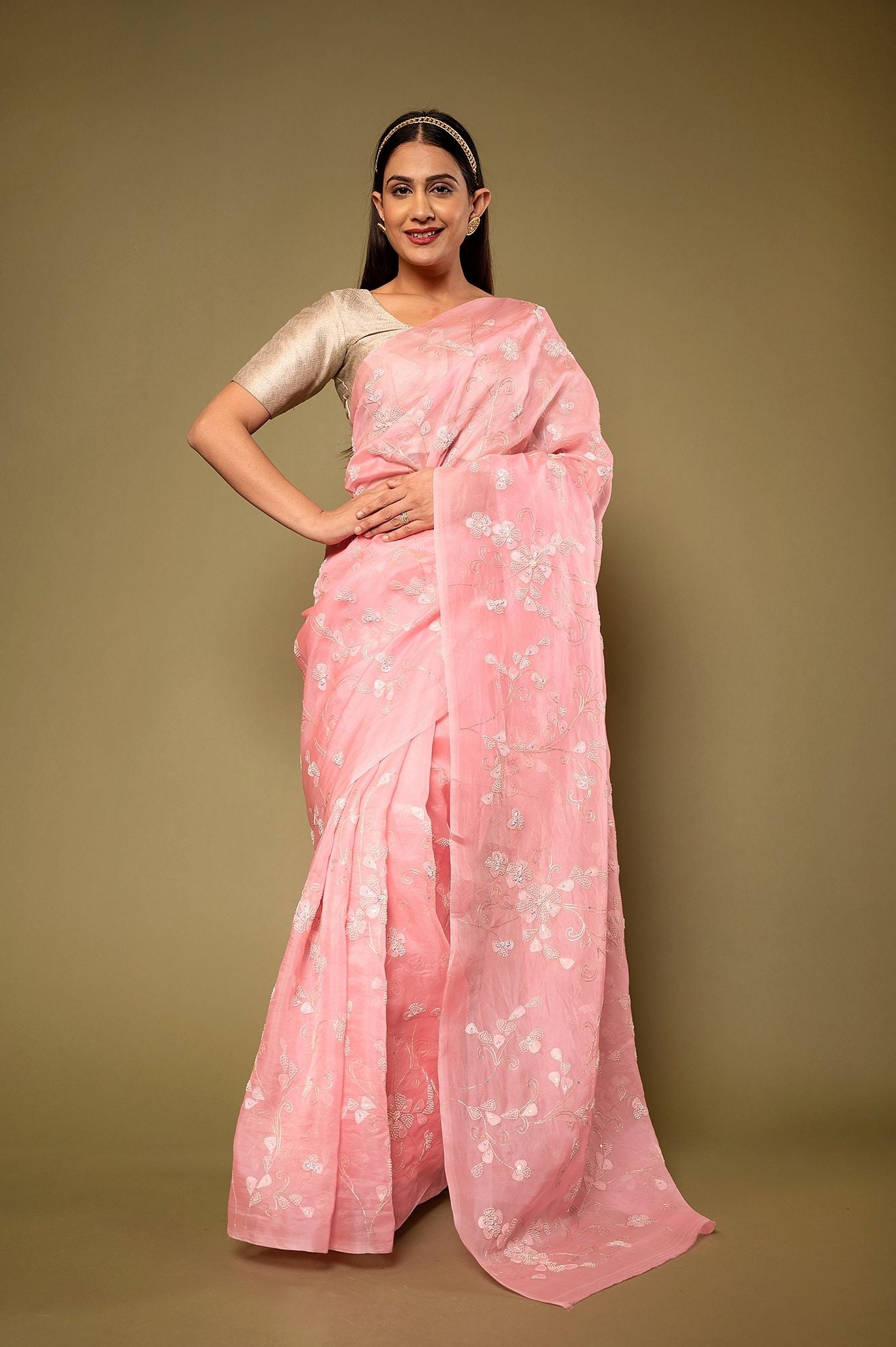 Baby Pink Organza  resham embroidery jaal Handwork Saree
