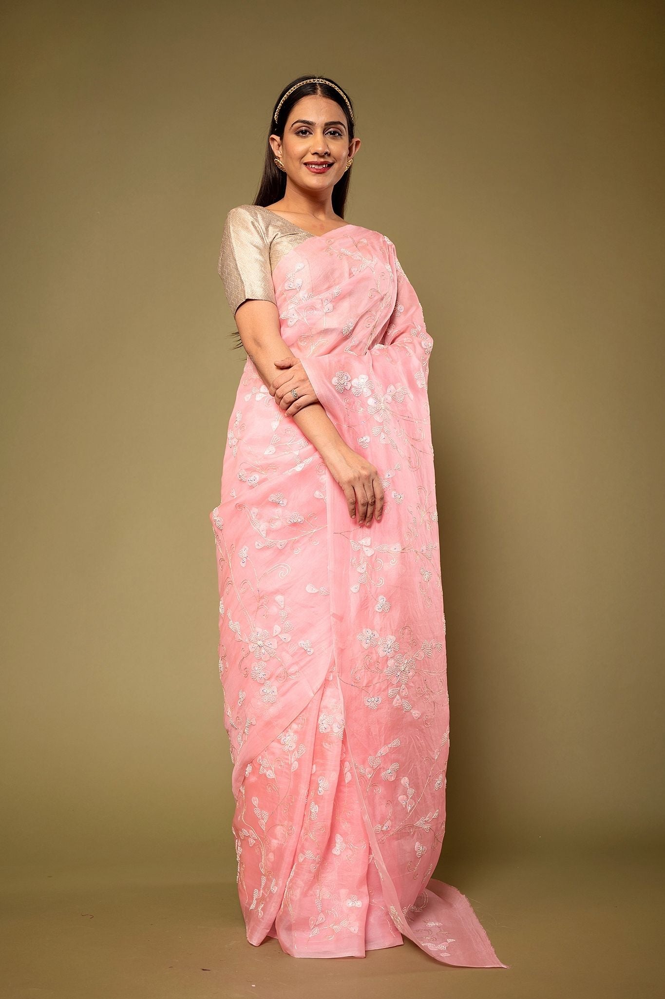 Baby Pink Organza  resham embroidery jaal Handwork Saree