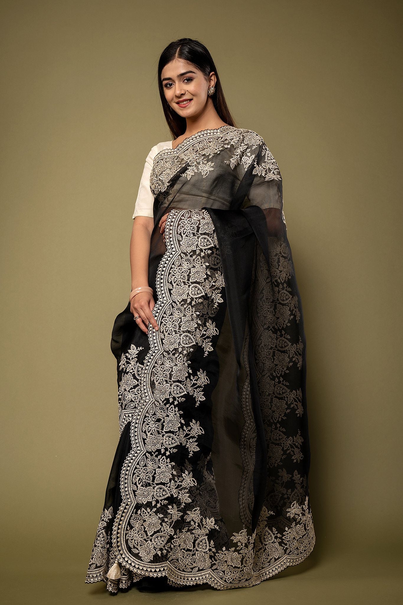Black Organza  dabka marodi border butti handwork saree
