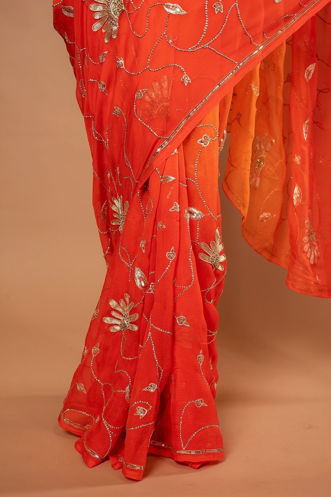 Orange light dark pure chiffon aari sequins jaal handwork saree