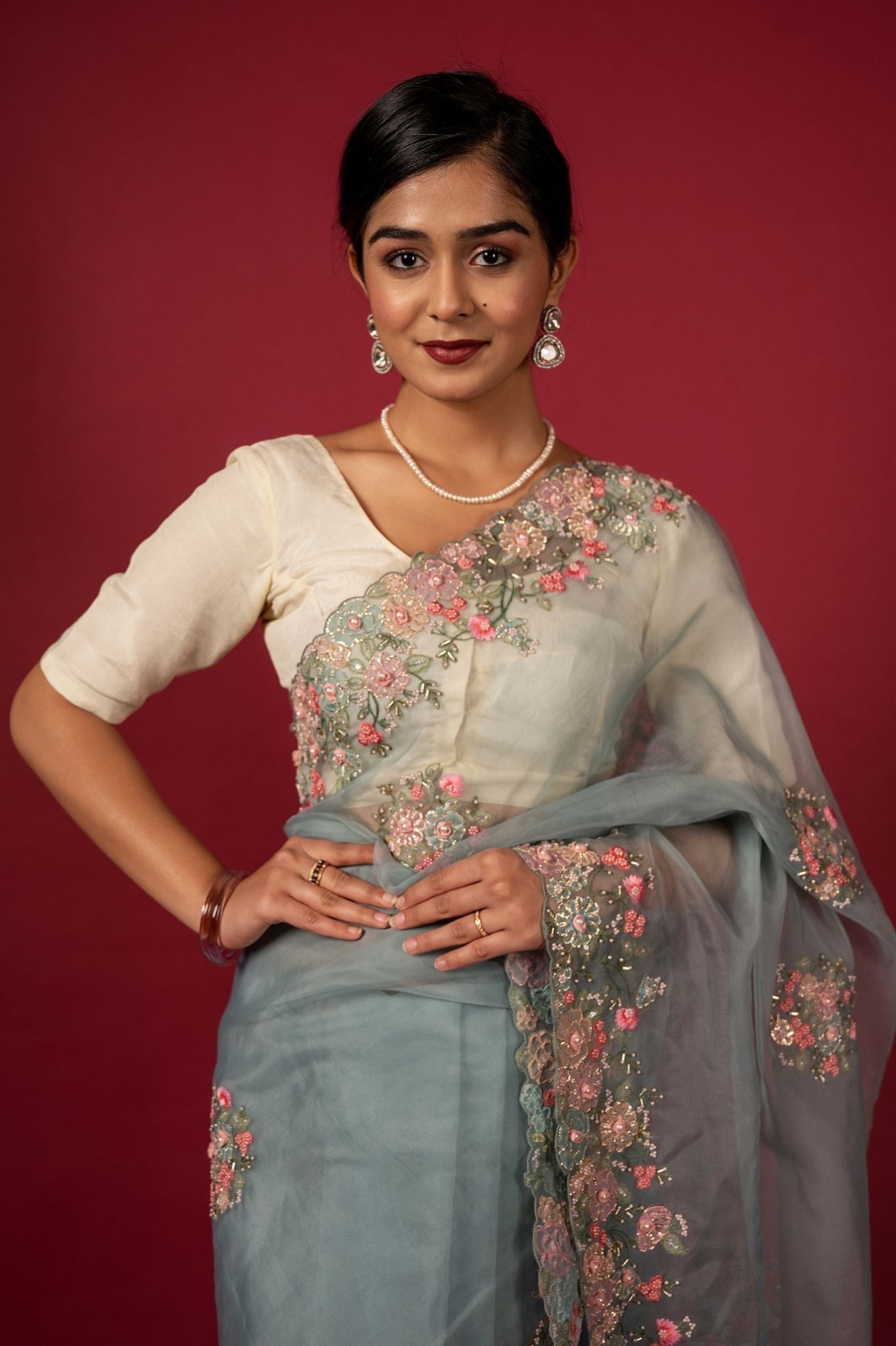 Grey organza  fancy work handwork saree