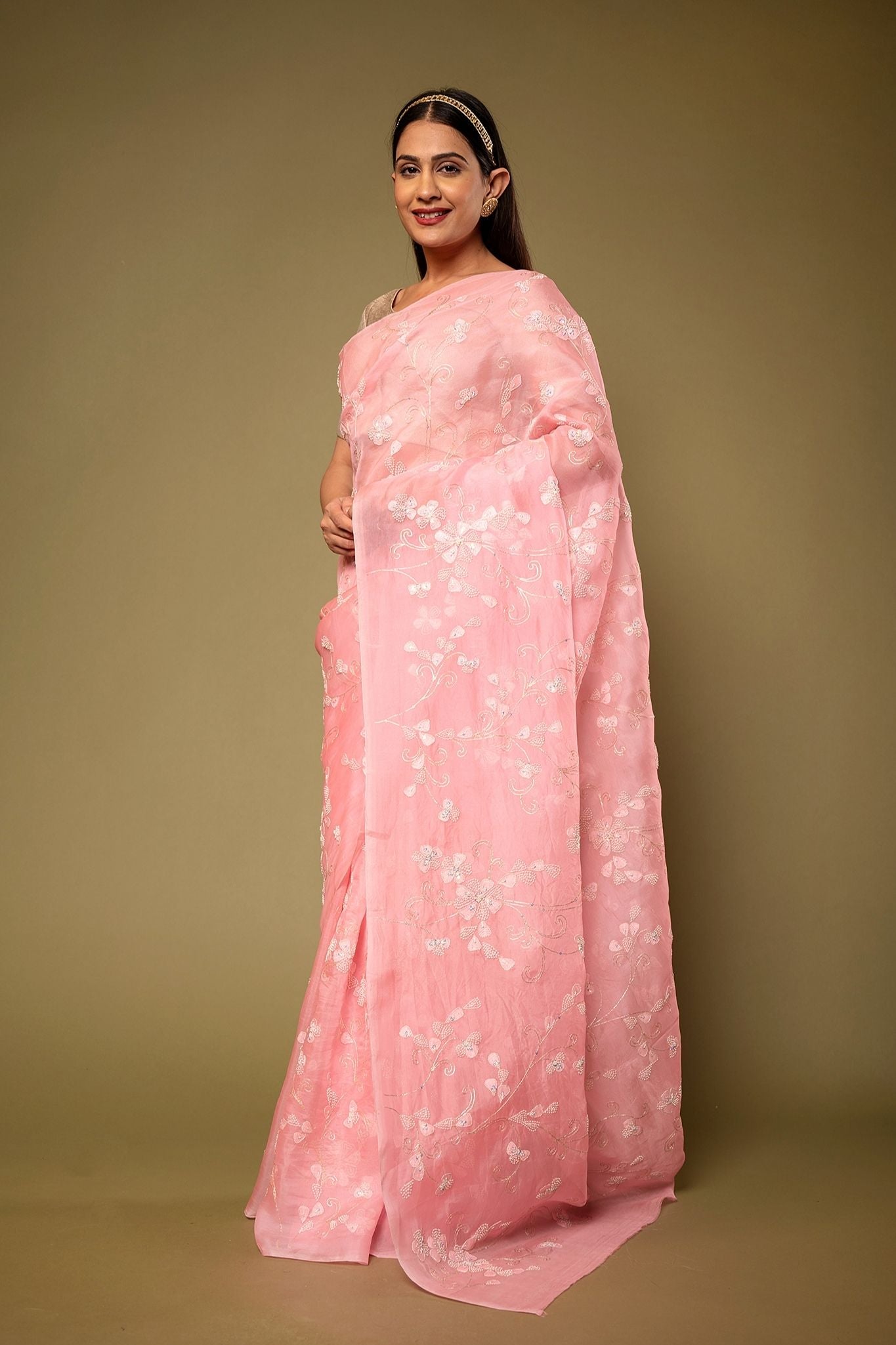 Baby Pink Organza  resham embroidery jaal Handwork Saree