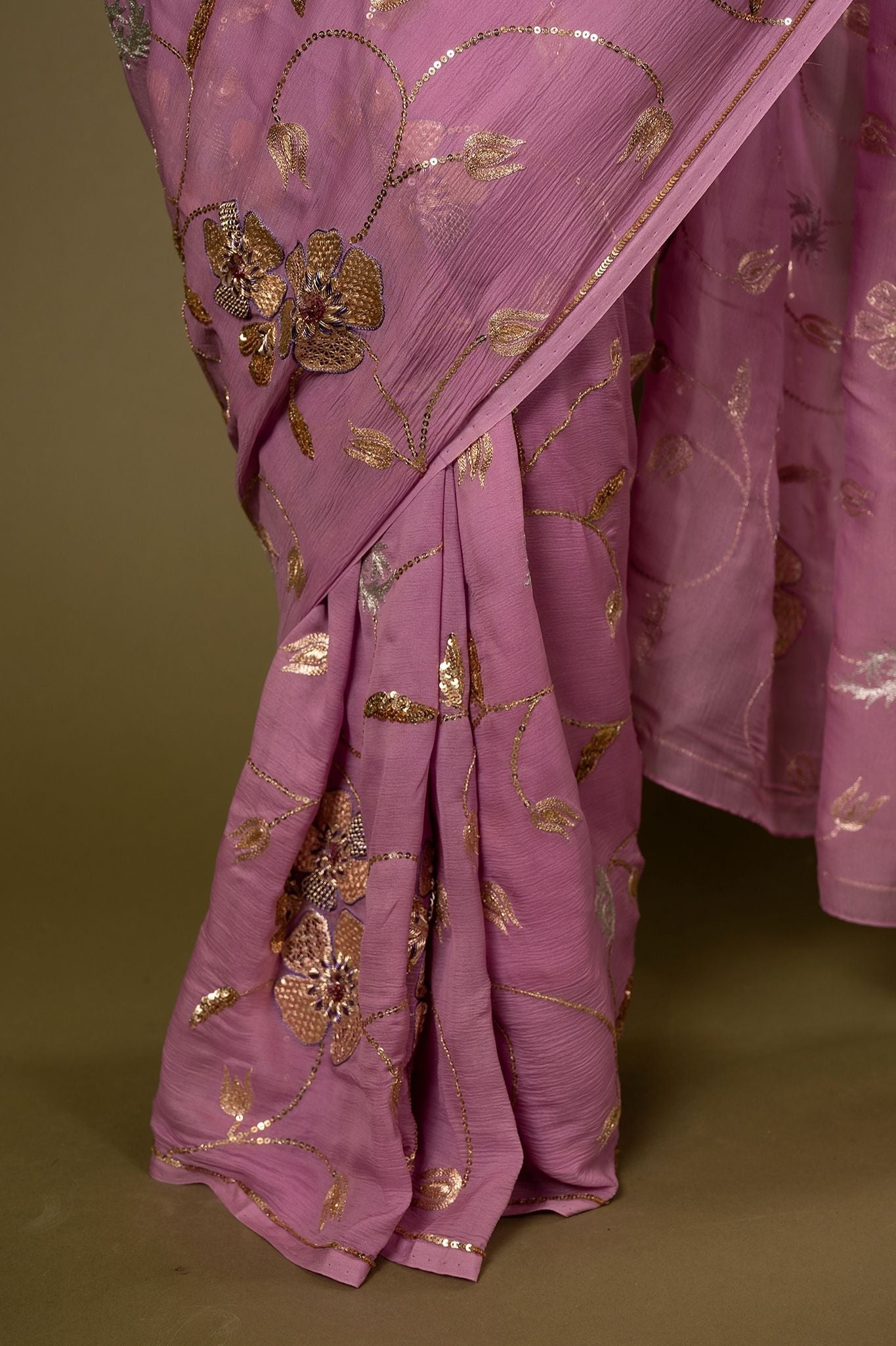 Lavender pure chiffon aari sequins  jaal handwork saree