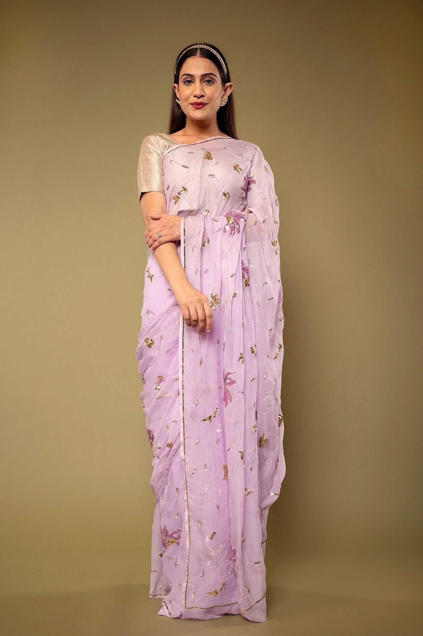 Lavender pure chiffon sequins kardana jaal handwork saree