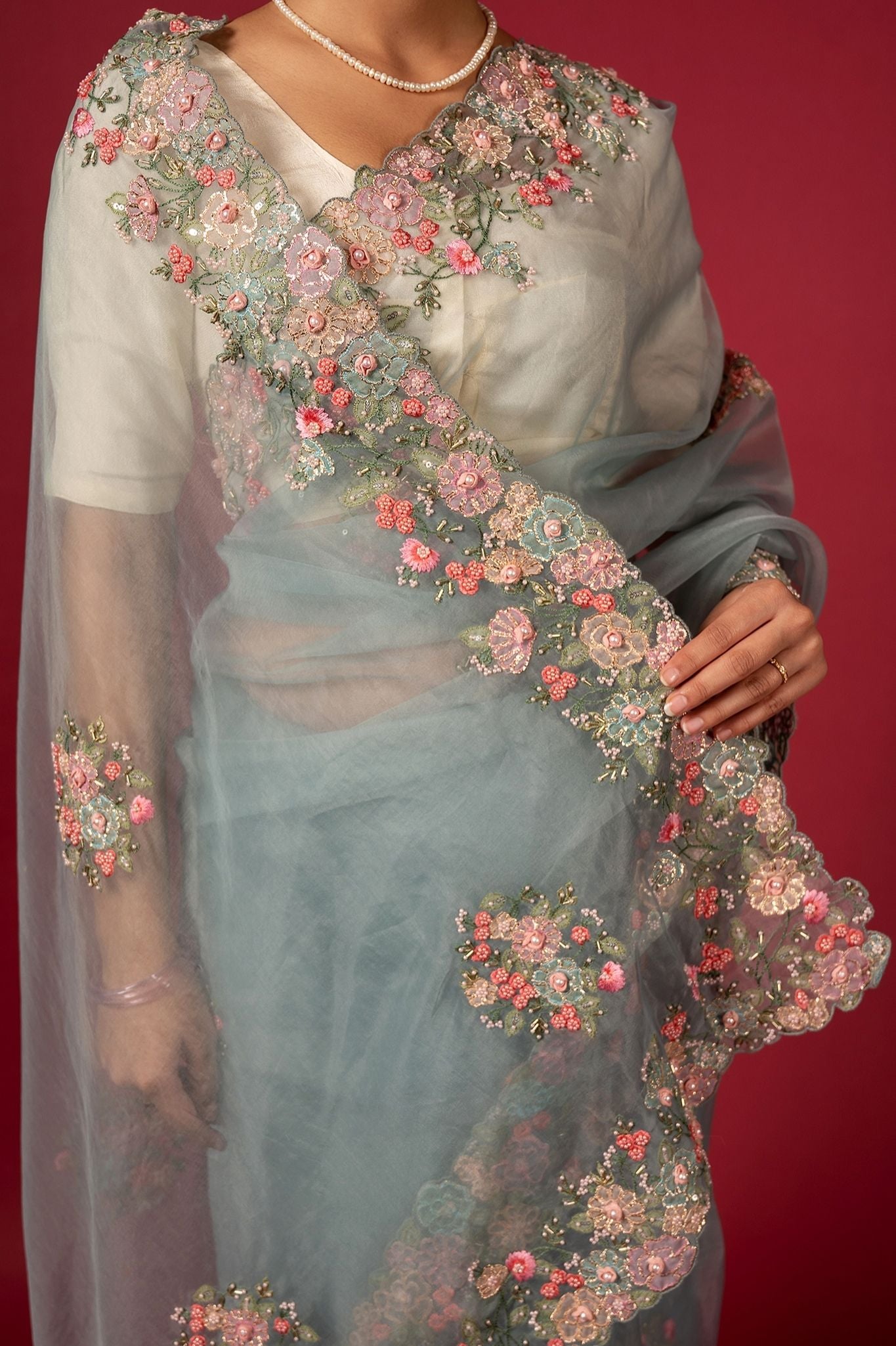 Grey organza  fancy work handwork saree