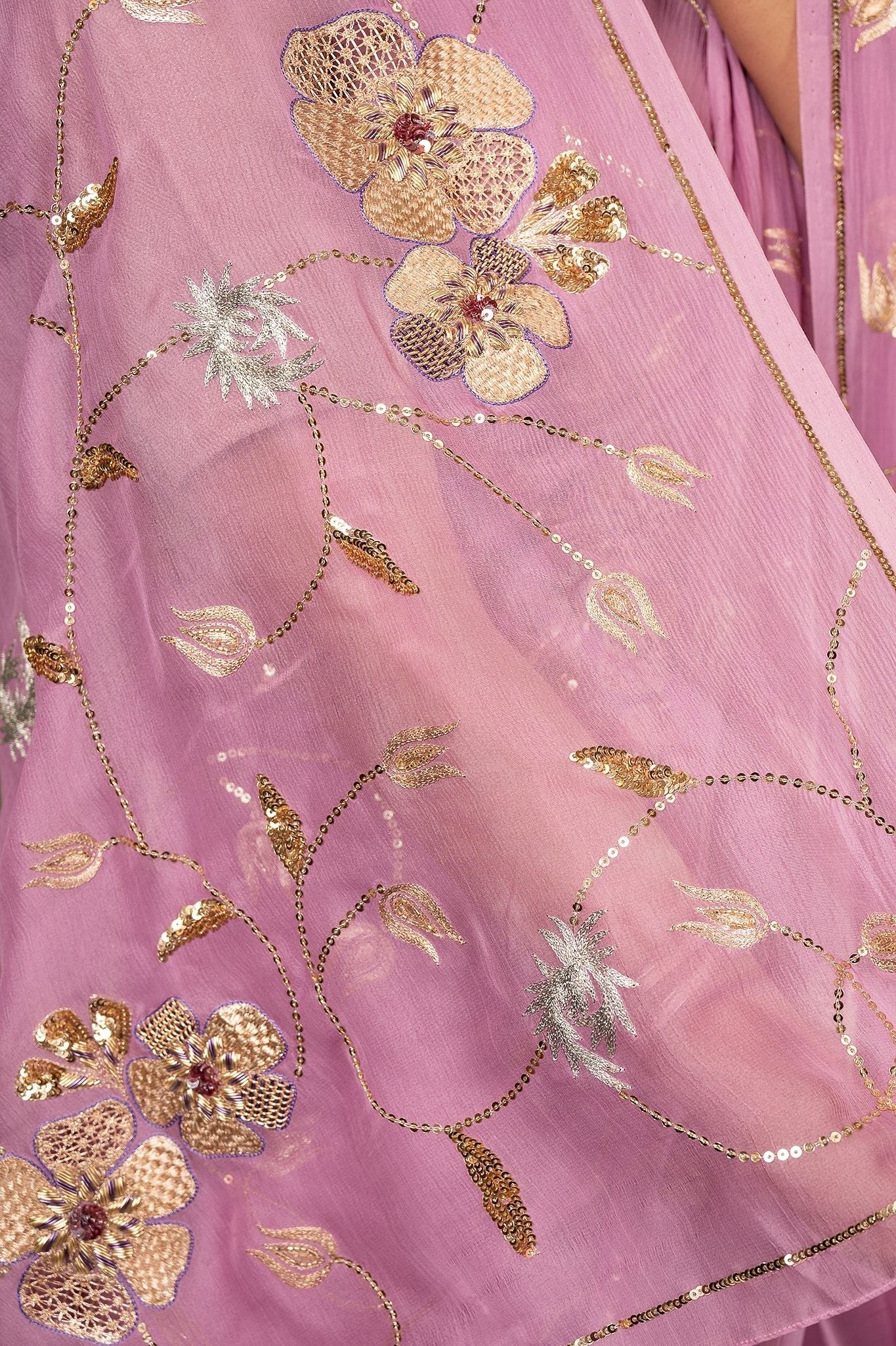 Lavender pure chiffon aari sequins  jaal handwork saree