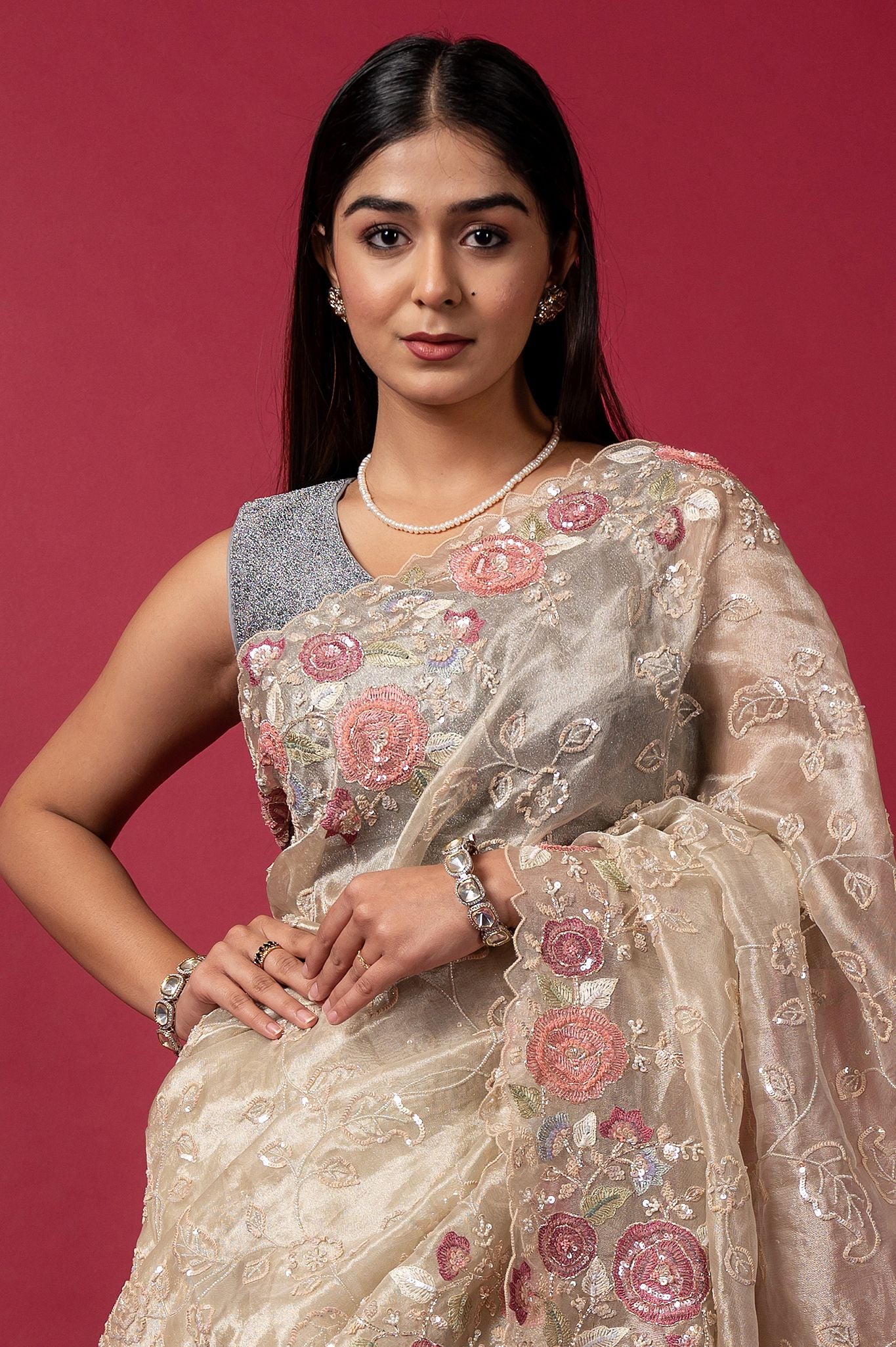 cream Tissue organza fancy sequins  handwork saree