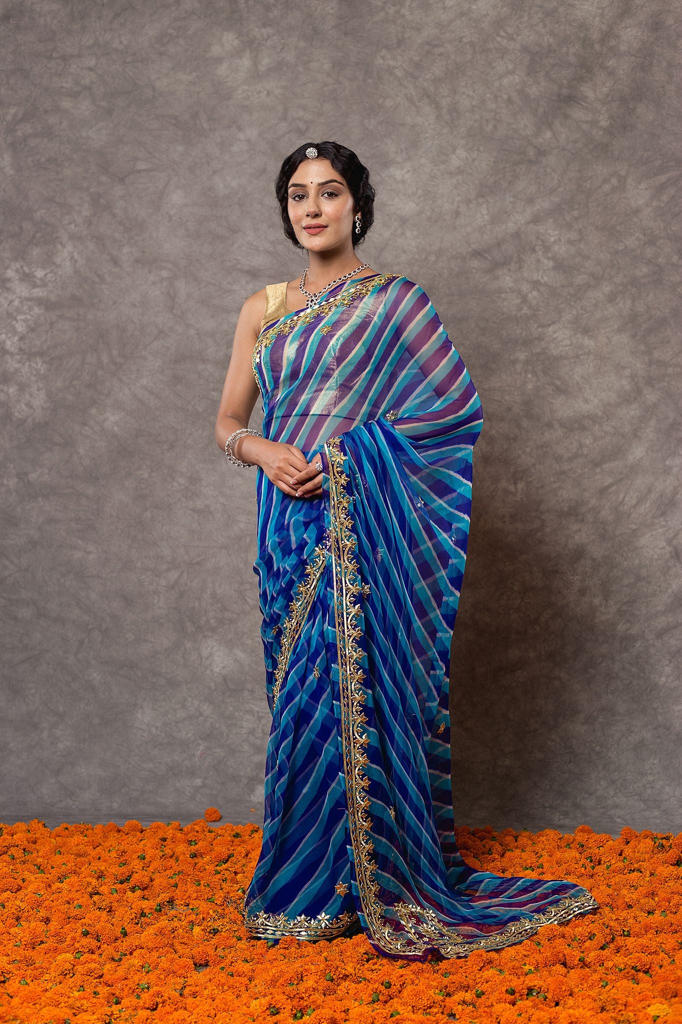 Blue Lehariya Pure Georgette 20 Gsm Sikhiya gota mohri pati handwork traditional wear saree