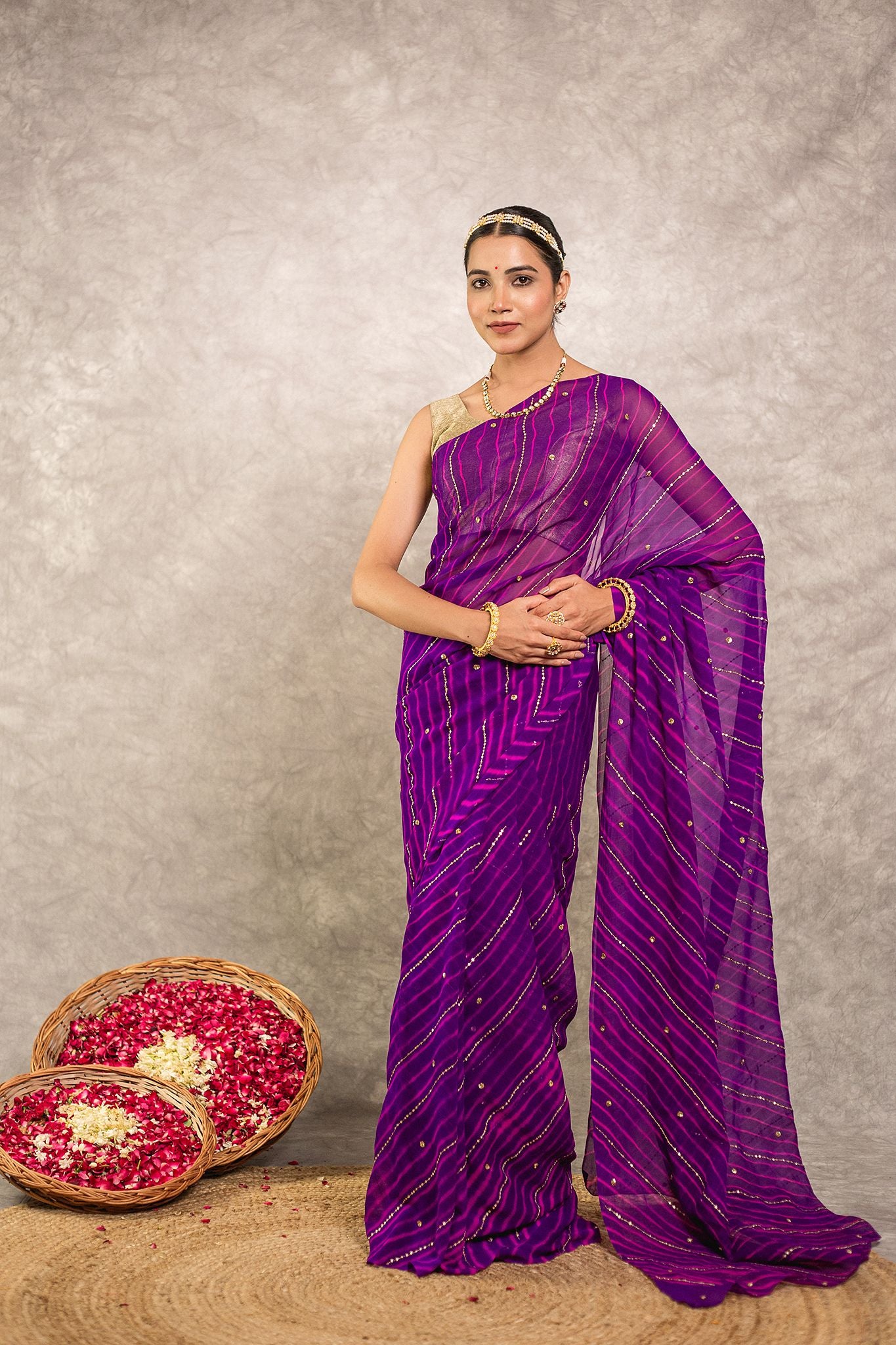 Purple lehariya  Pure Georgette 20 Gsm Aari tari  handwork traditional wear saree