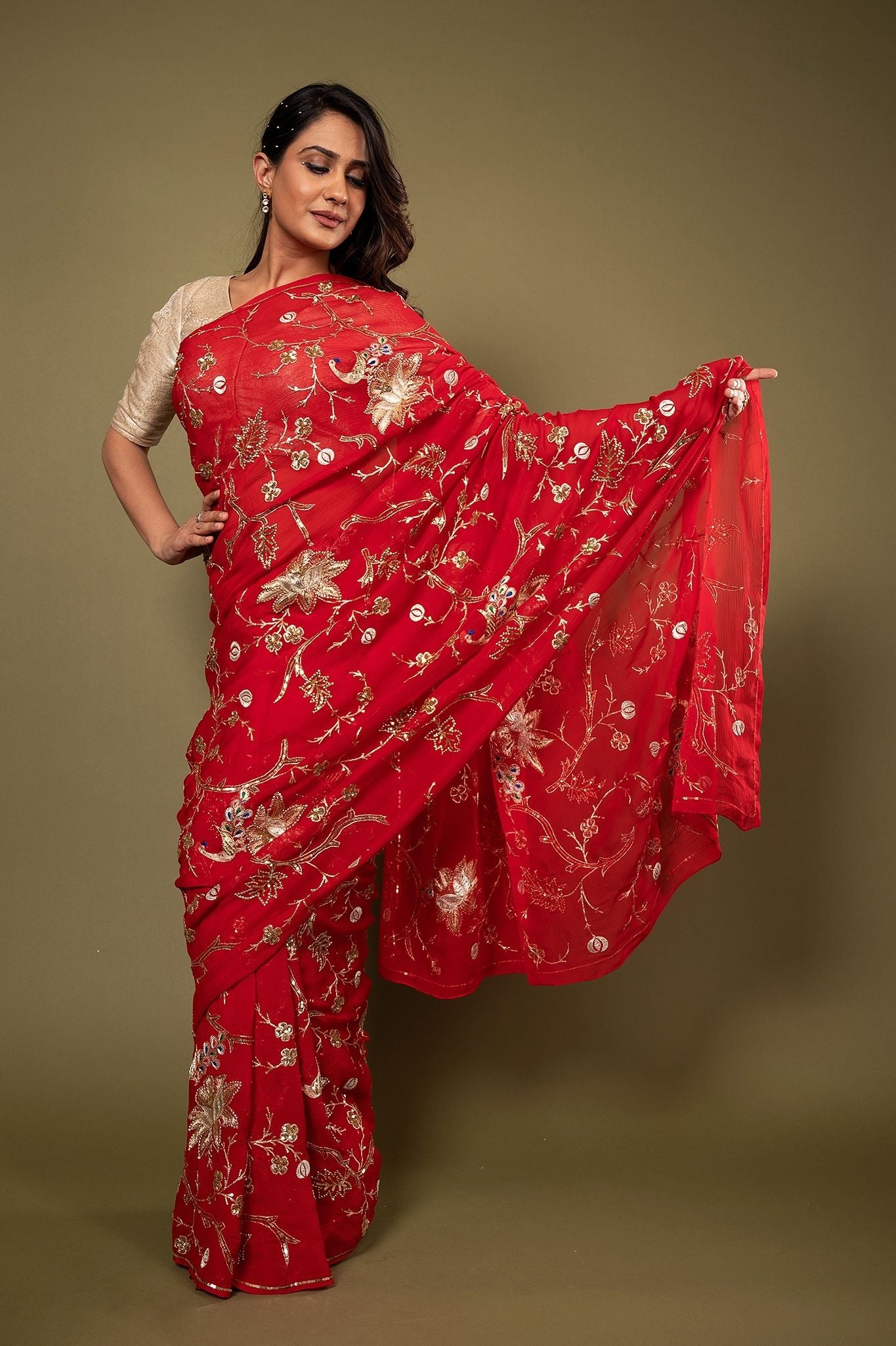 red pure chiffon aari sequins  jaal handwork saree