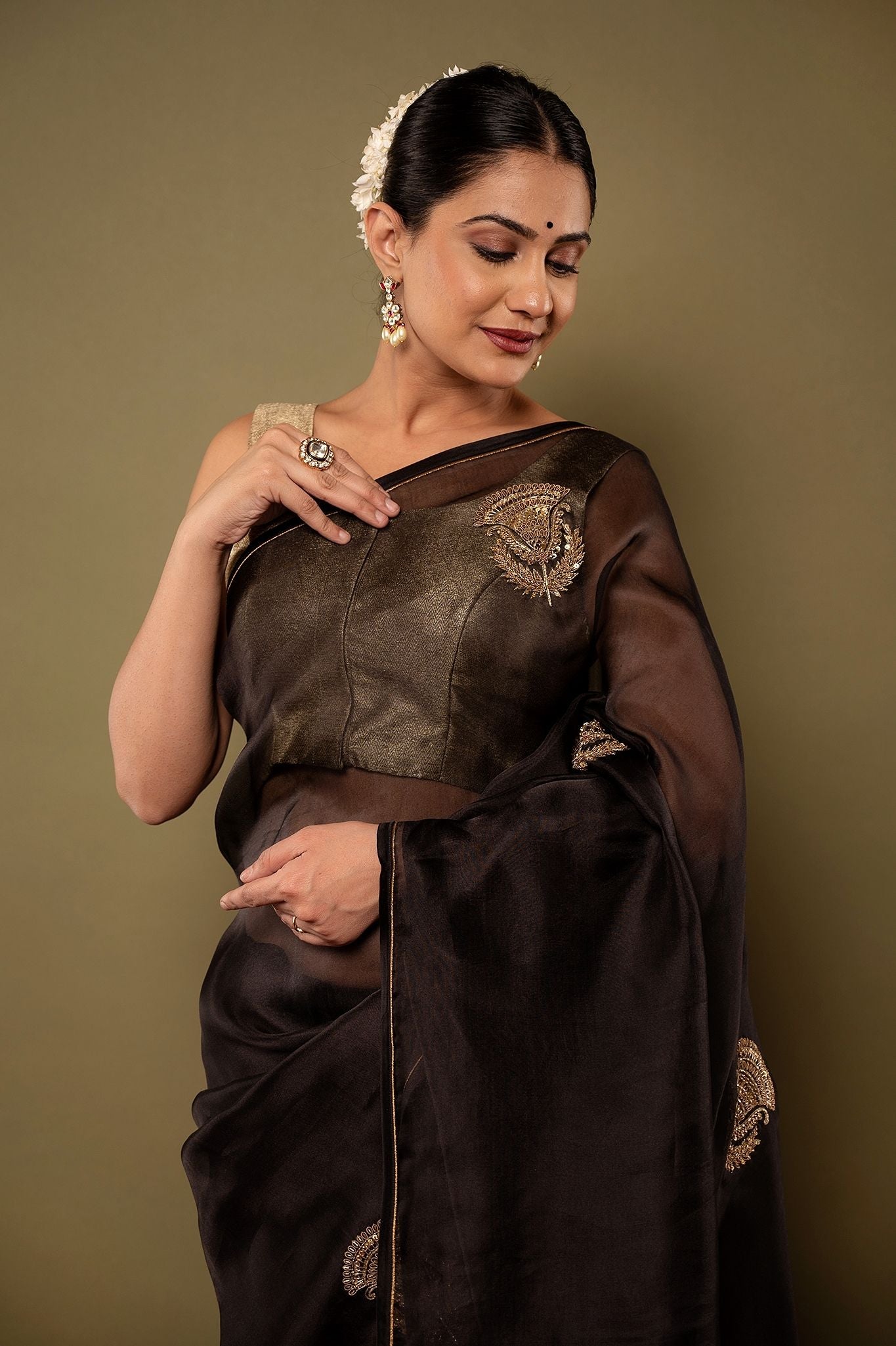 Black pure organza zardozi motif handwork saree