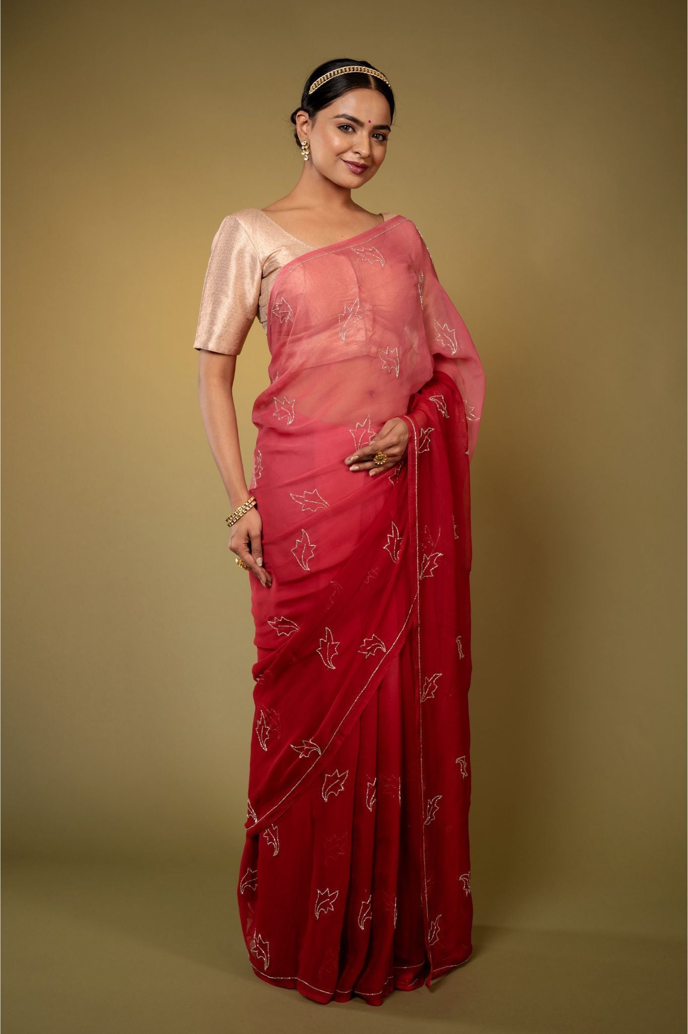 Burgundy red viscose chiffon kardana  handwork casual wear saree