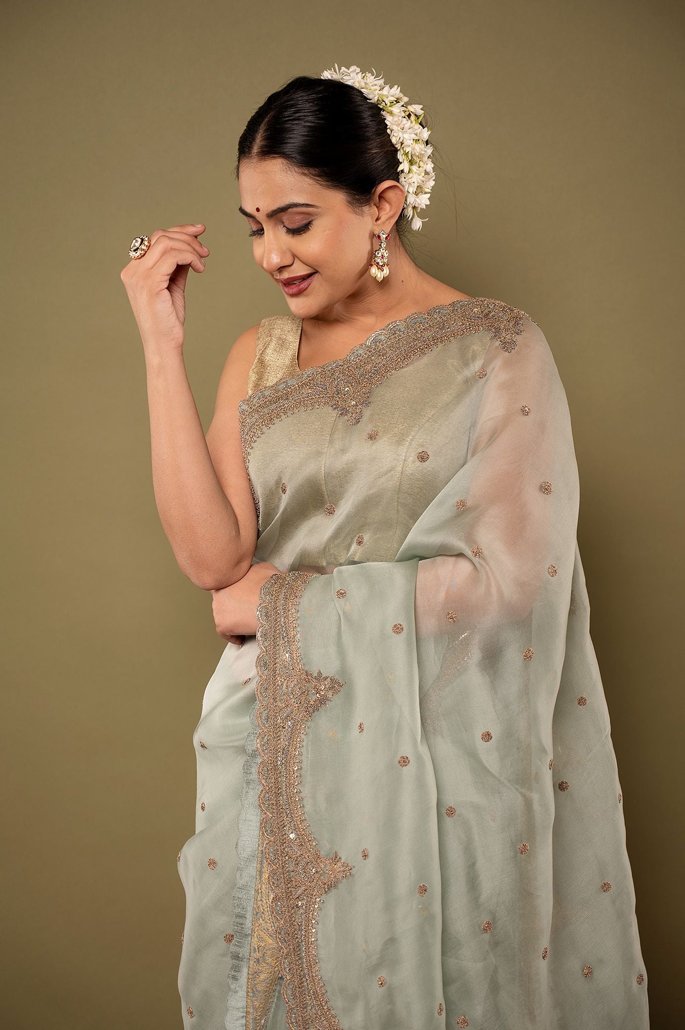 Greyish Green pure organza Dapka Marodi Border Butti  handwork saree