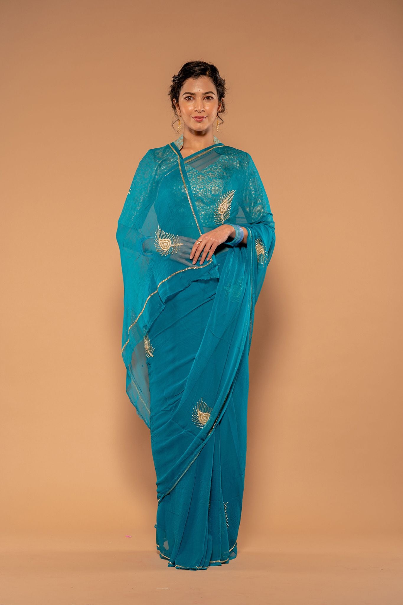 Rama Viscose Chiffon Aari Kardana Handwork  Saree