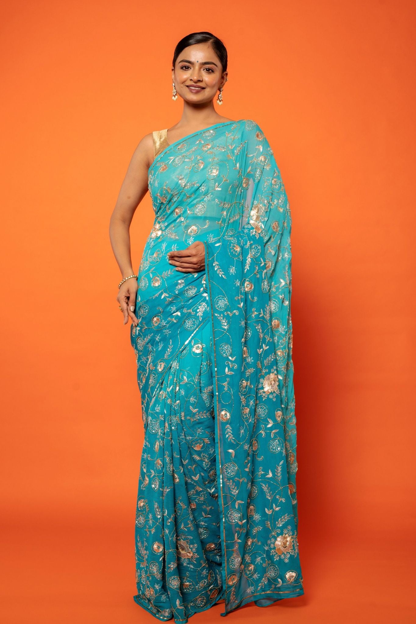 Firozi Light Dark pure chiffon aari sequins  jaal handwork saree