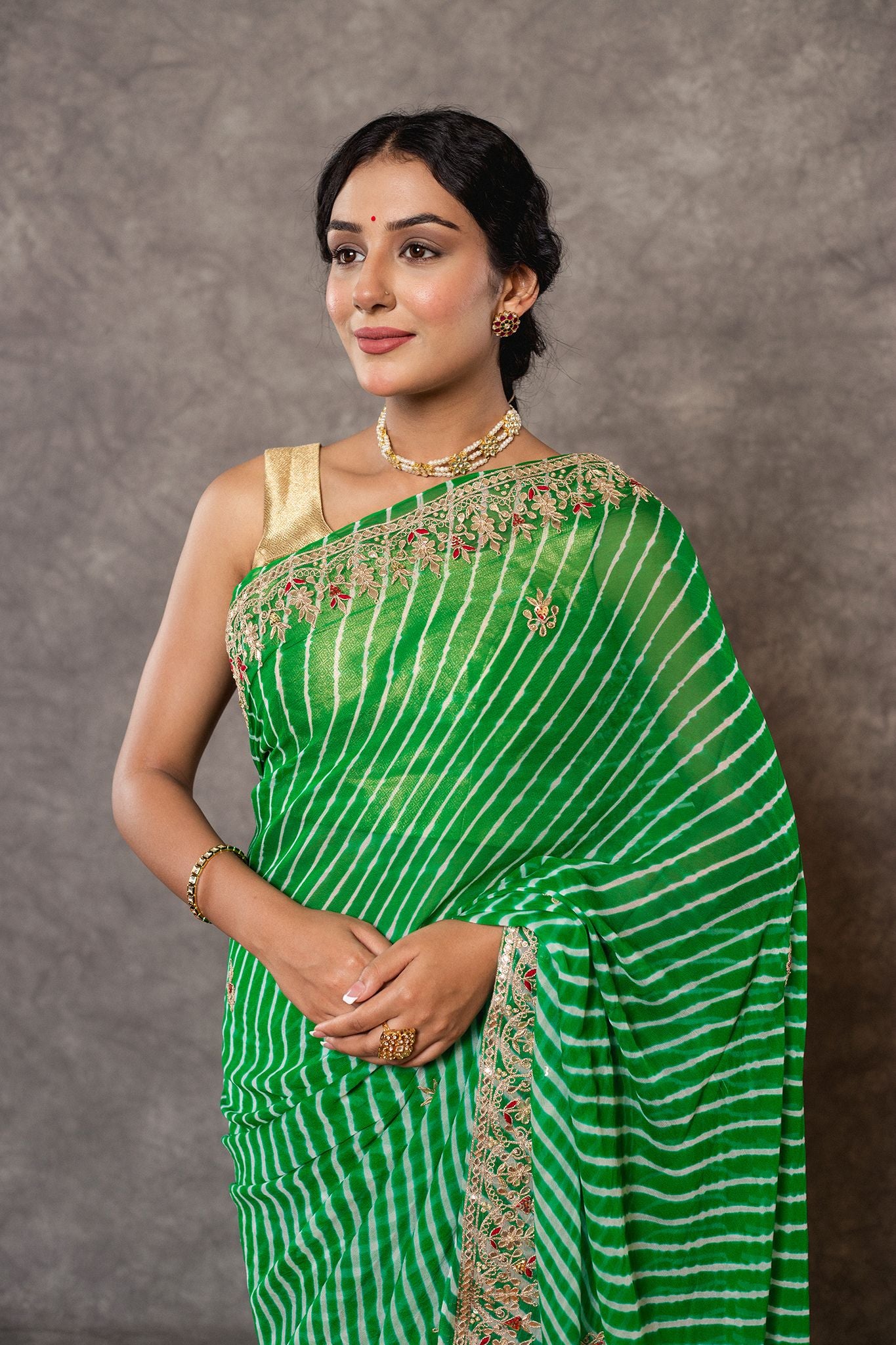 Green lehariya  Pure Georgette 20 Gsm gota pati border butti handwork traditional wear saree