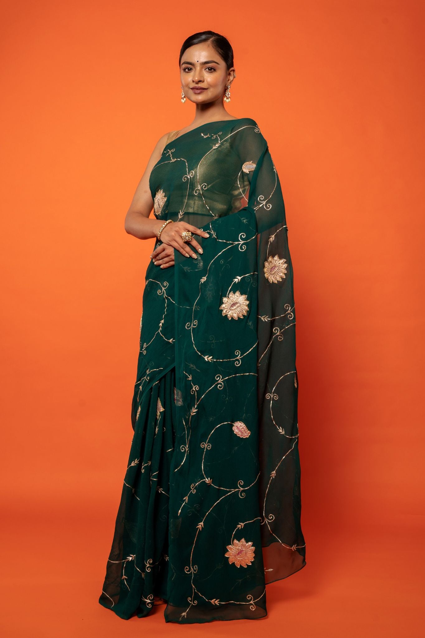 Green pure chiffon chanderi butti aari jaal handwork saree