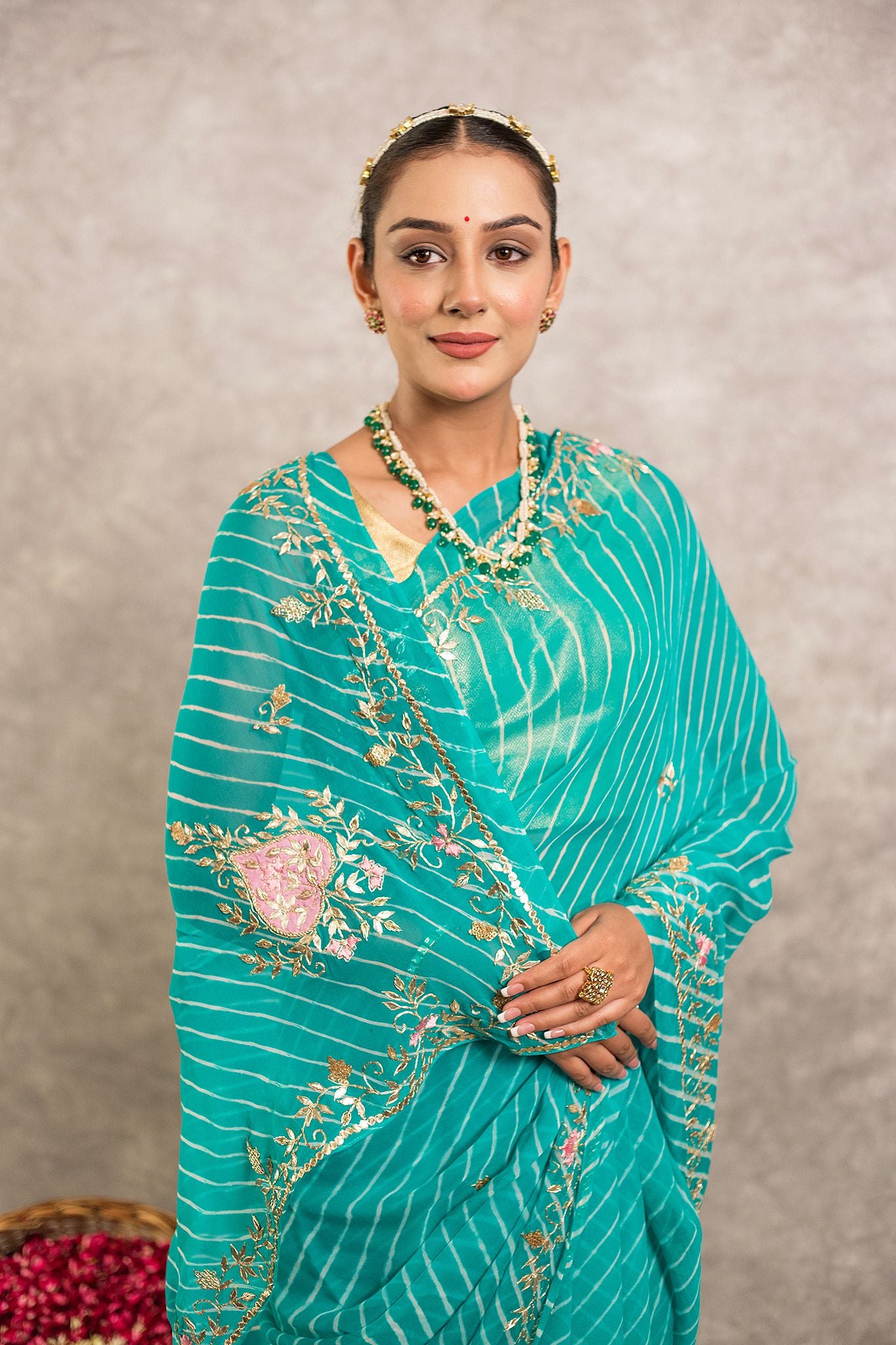 Firozi Lehariya Pure Georgette 40 Gsm aari sequins   handwork traditional wear saree