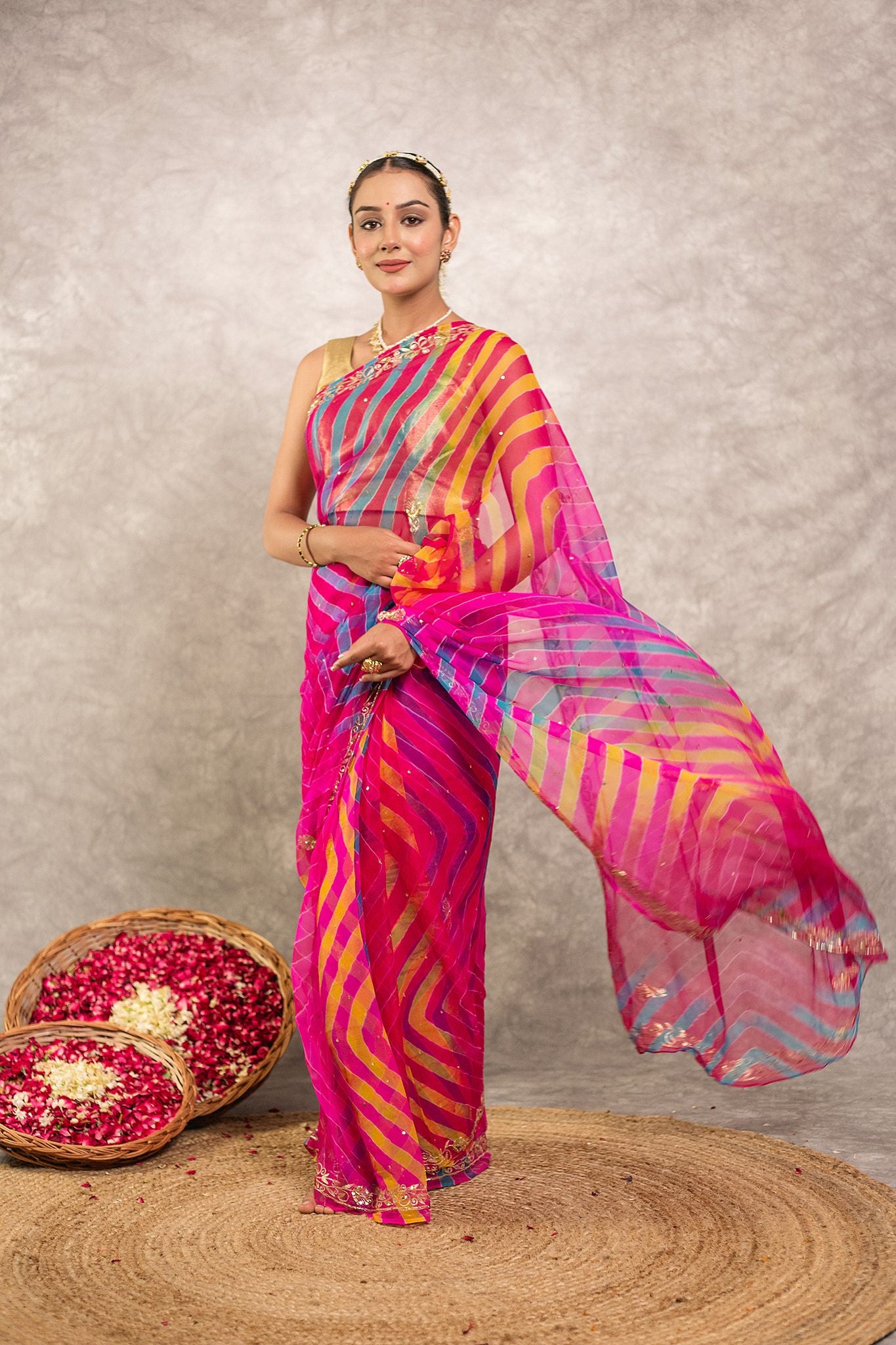 Multi lehariya  Pure Georgette 20 Gsm aari sequins  border butti handwork traditional wear saree