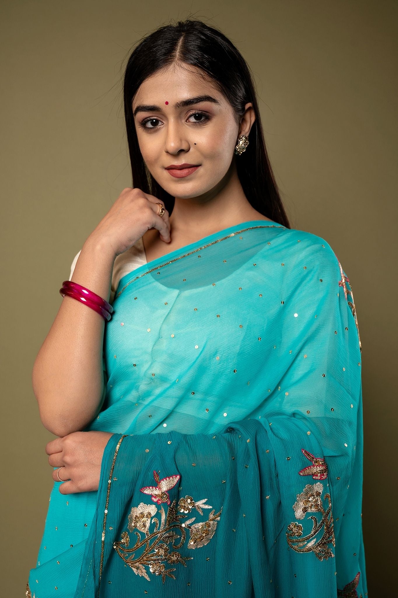 Rama Blue Light dark Pure Chiffon sequins  motif  handwork saree