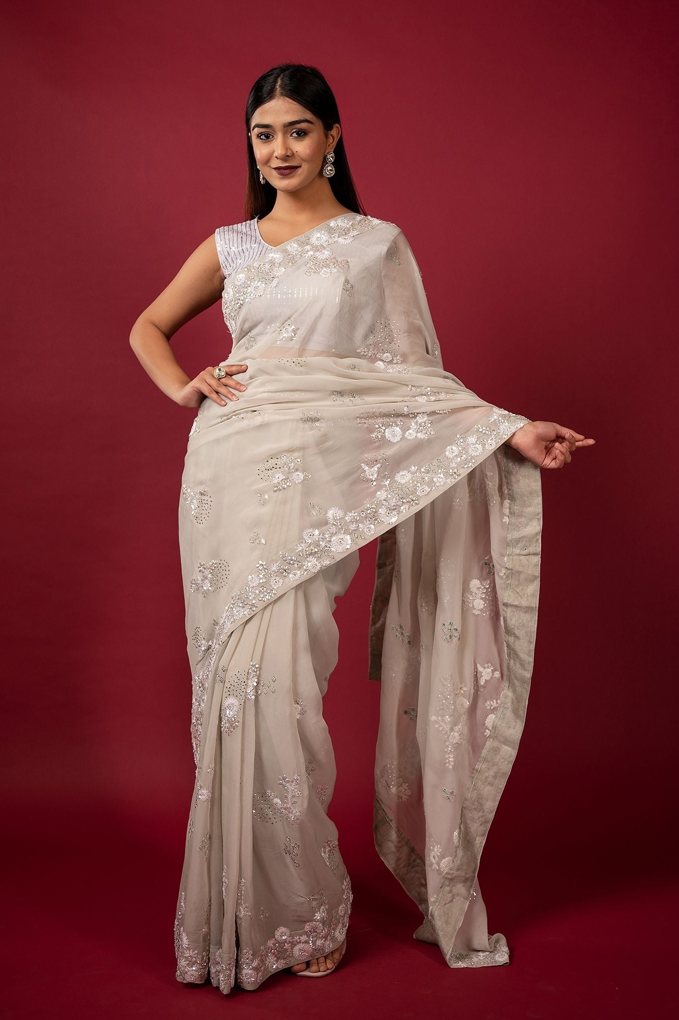 Milky grey organza  sequins stone fancy work handwork saree