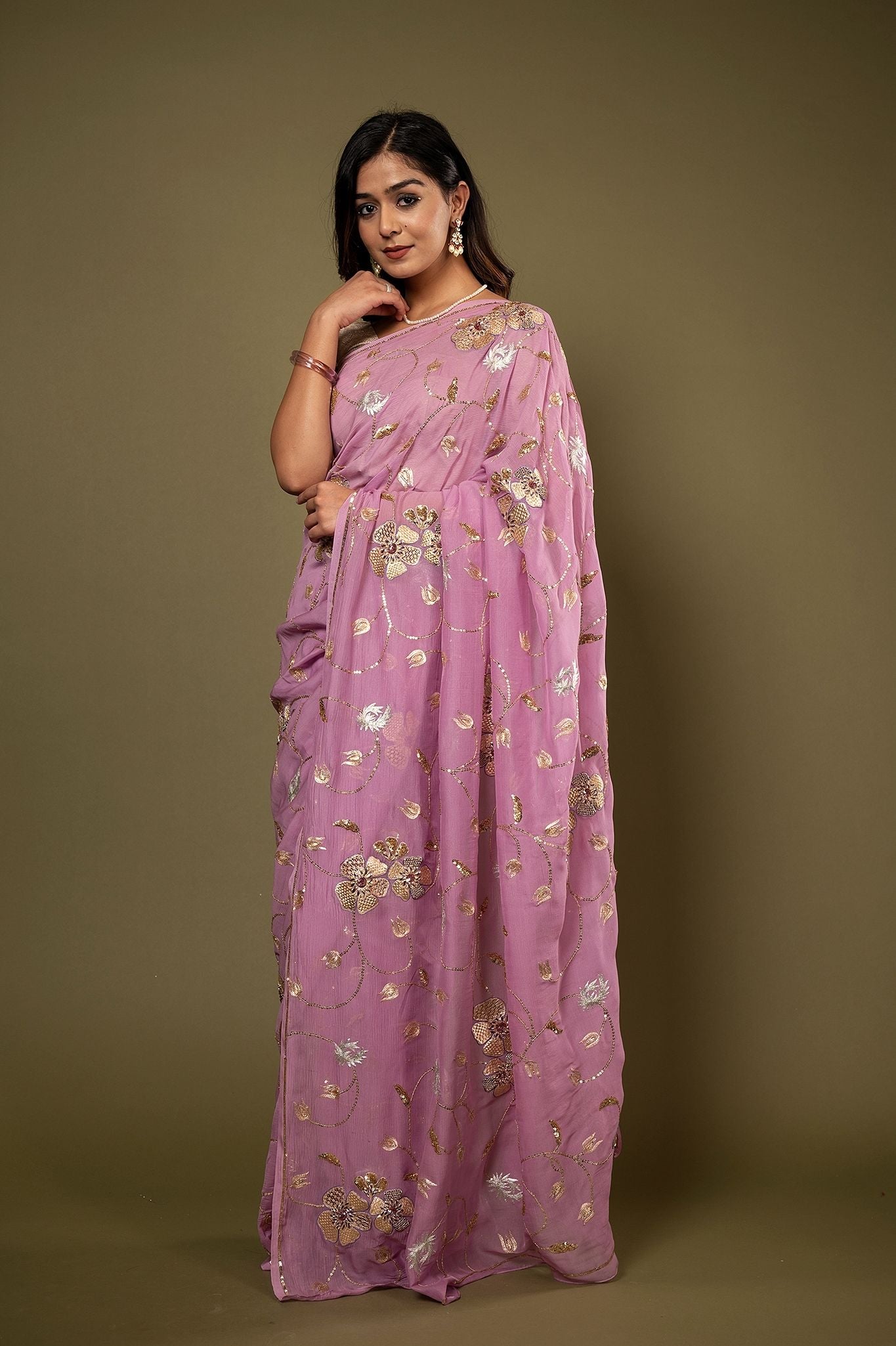Lavender pure chiffon aari sequins  jaal handwork saree