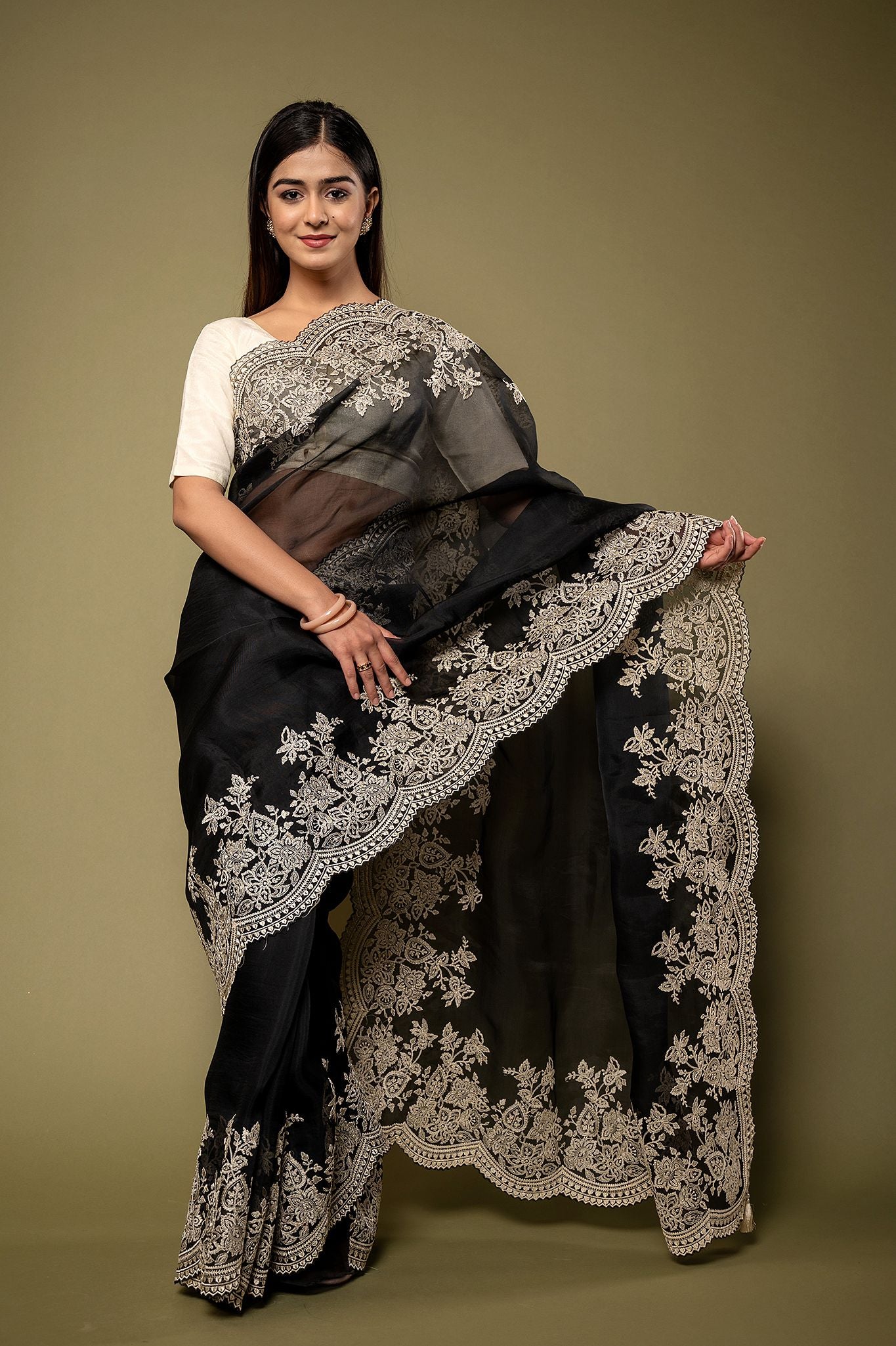 Black Organza  dabka marodi border butti handwork saree