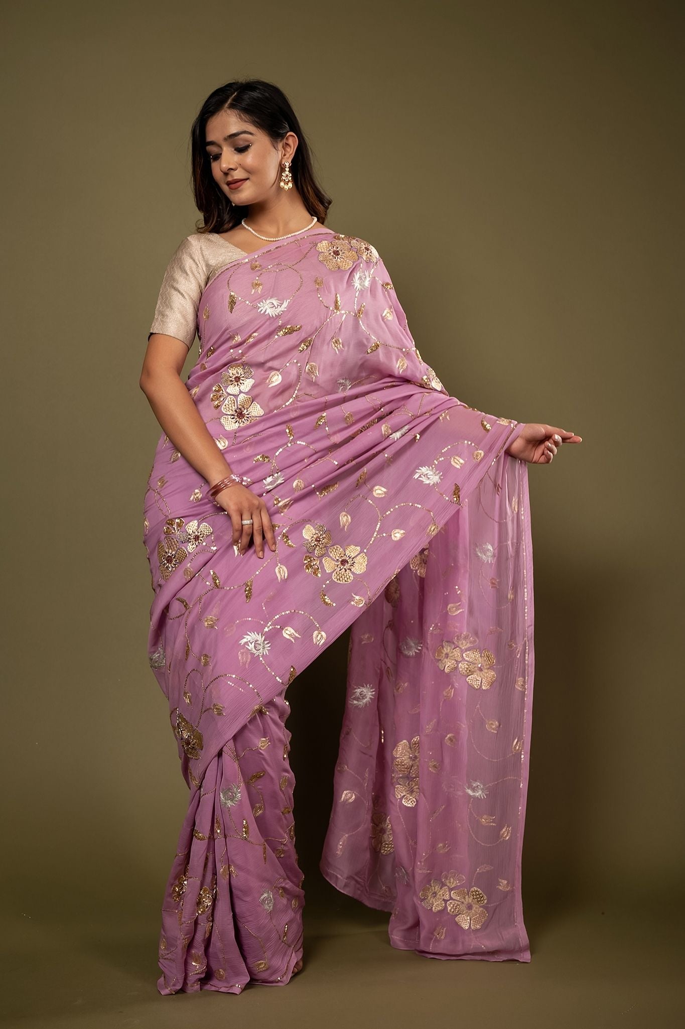 Lavender pure chiffon aari sequins  jaal handwork saree