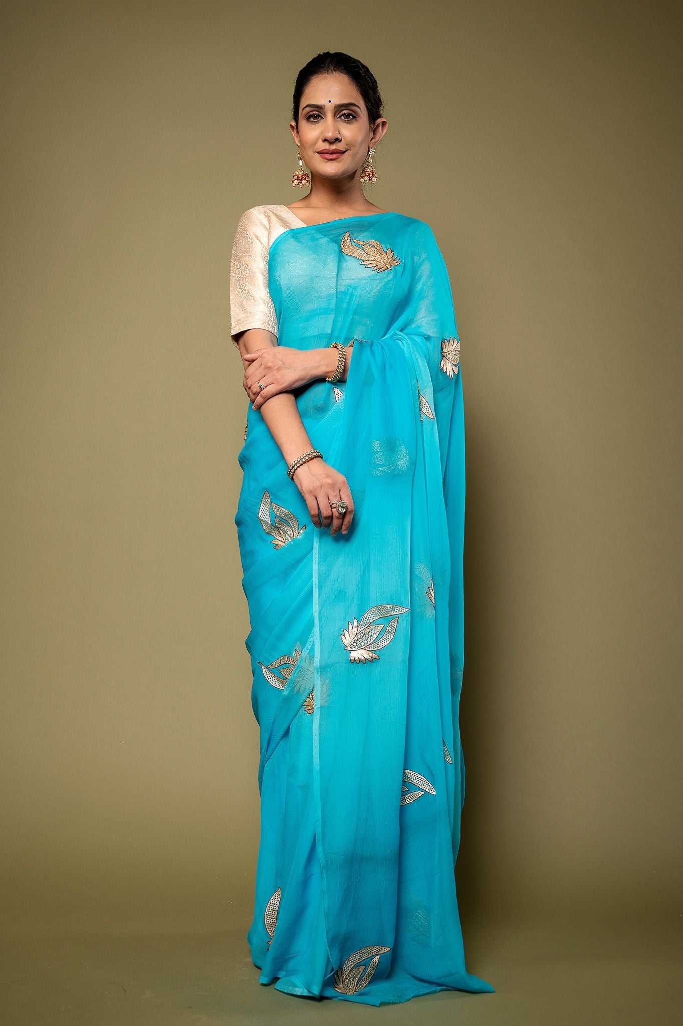 Sky Blue Pure Chiffon Aari Cut work Motif Handwork Saree