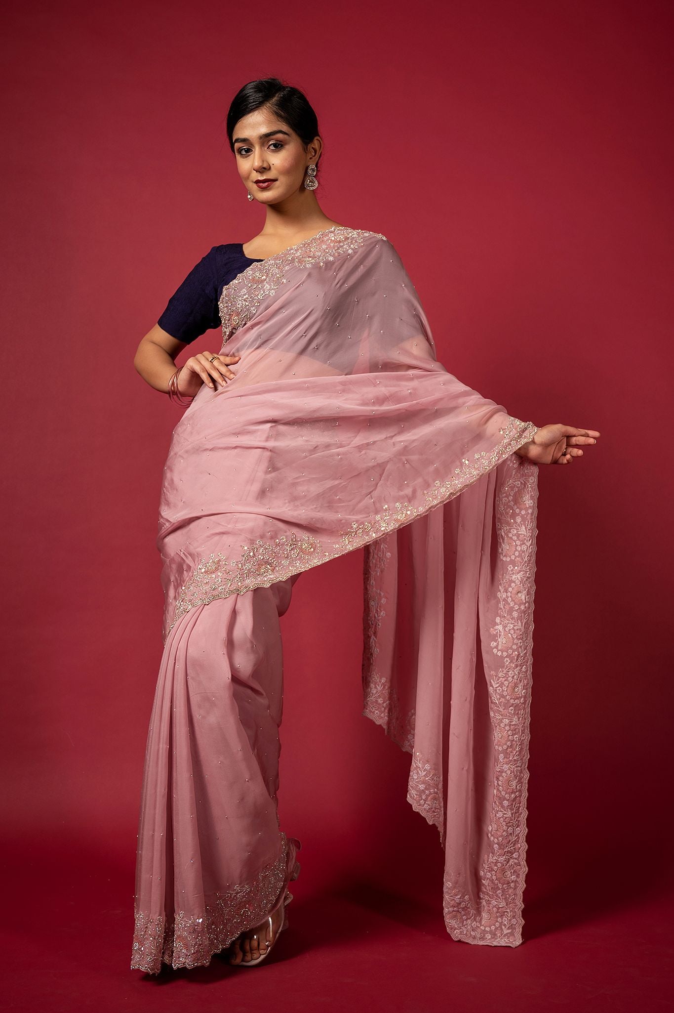 Pink organza  fancy work handwork saree