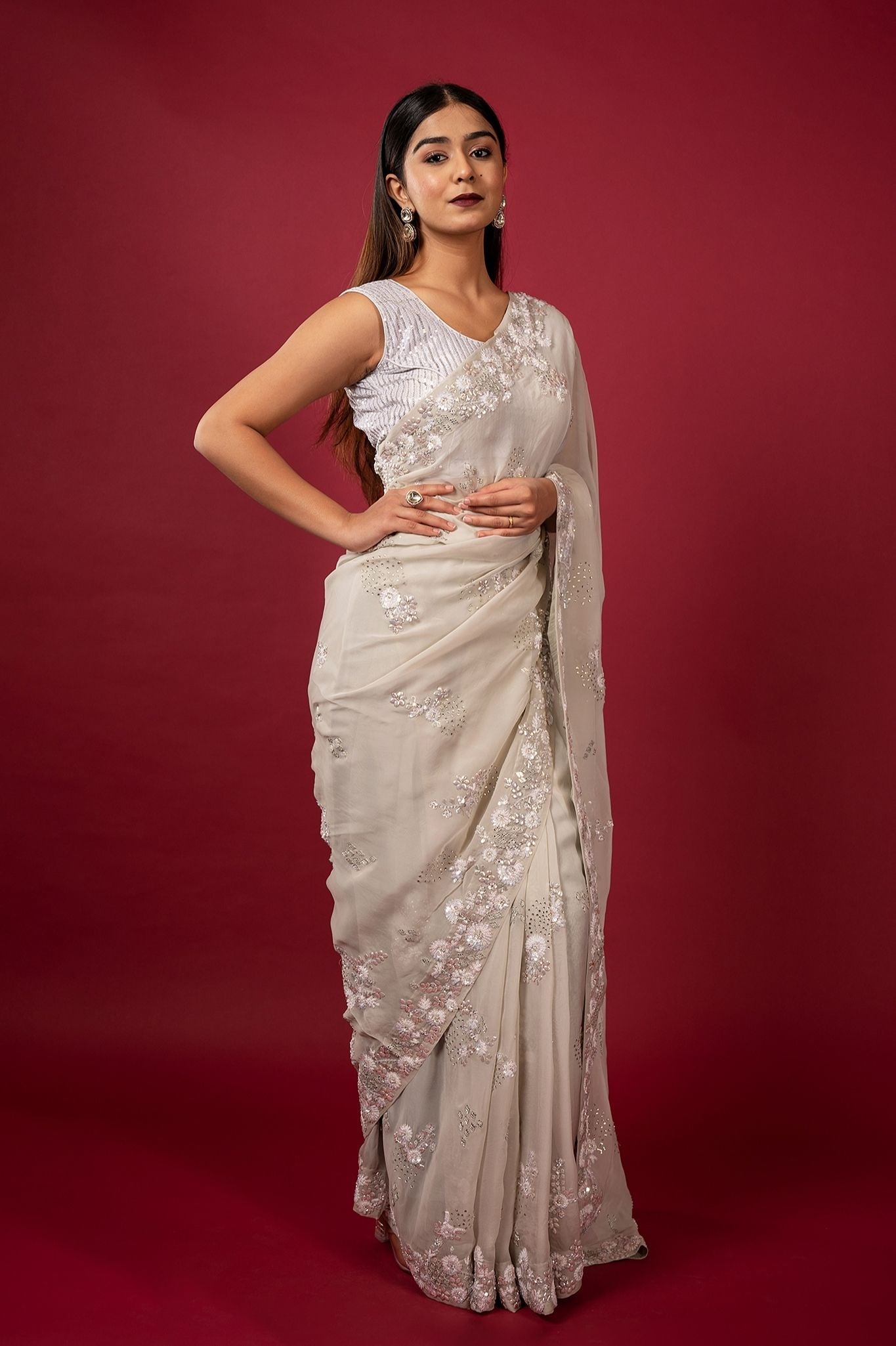 Milky grey organza  sequins stone fancy work handwork saree