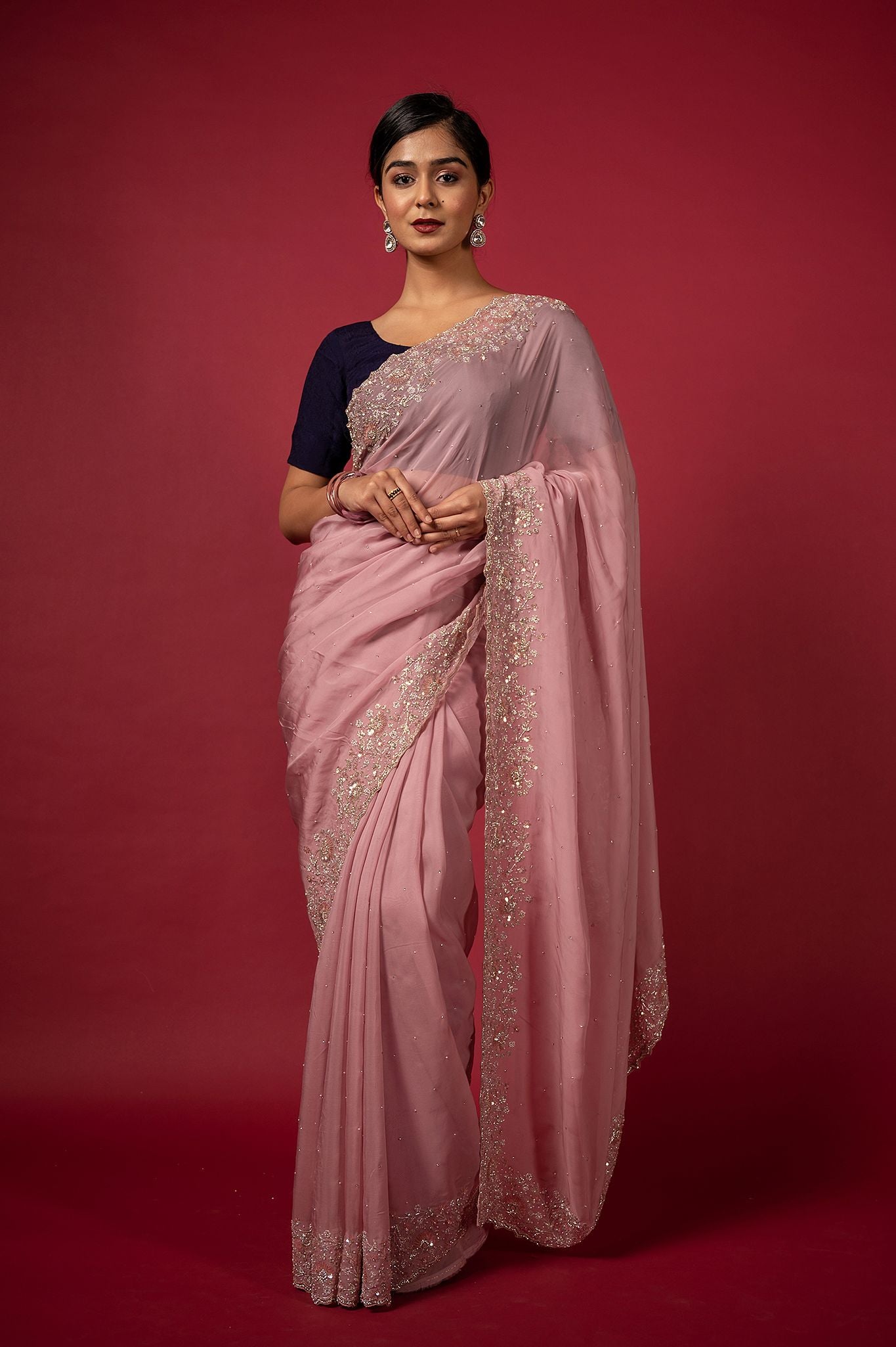 Pink organza  fancy work handwork saree