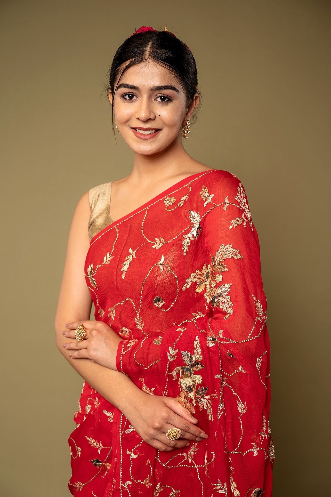 Red Pure chiffon Aari sequins  badla jaal handwork saree