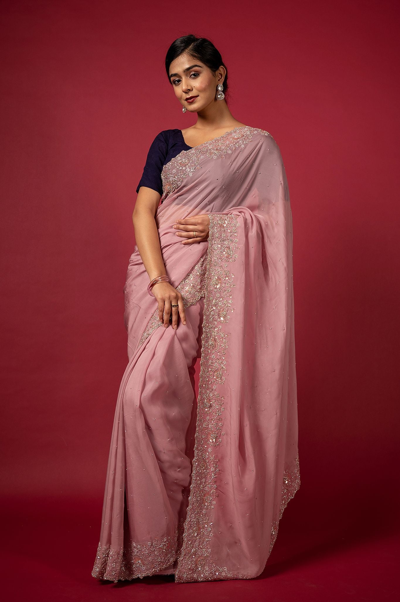 Pink organza  fancy work handwork saree
