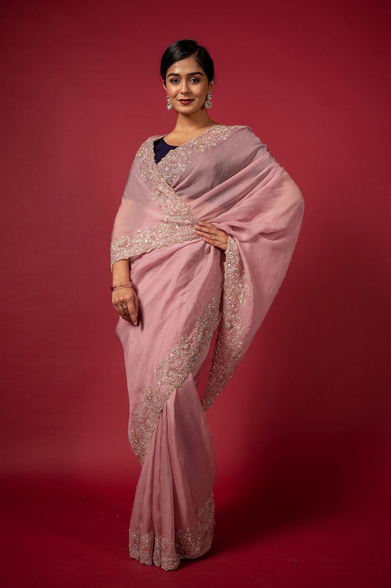 Pink organza  fancy work handwork saree